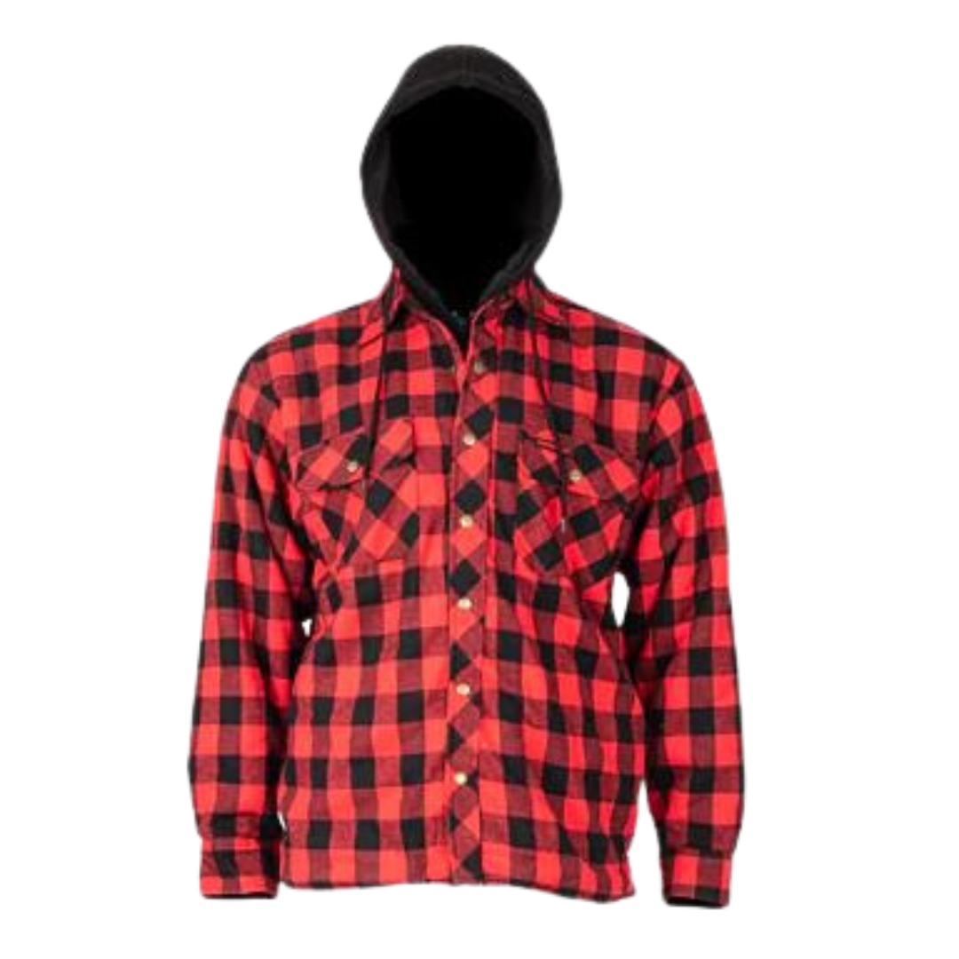 CHEMISE DE TRAVAIL À CAPUCHON KINGTREADS DOUBLÉE PIQUÉE POUR HOMME COULEUR ROUGE VUE DE LA CHEMISE MANCHES LONGUES À CARREAUX ROUGES ET NOIRS VUE DEFACE