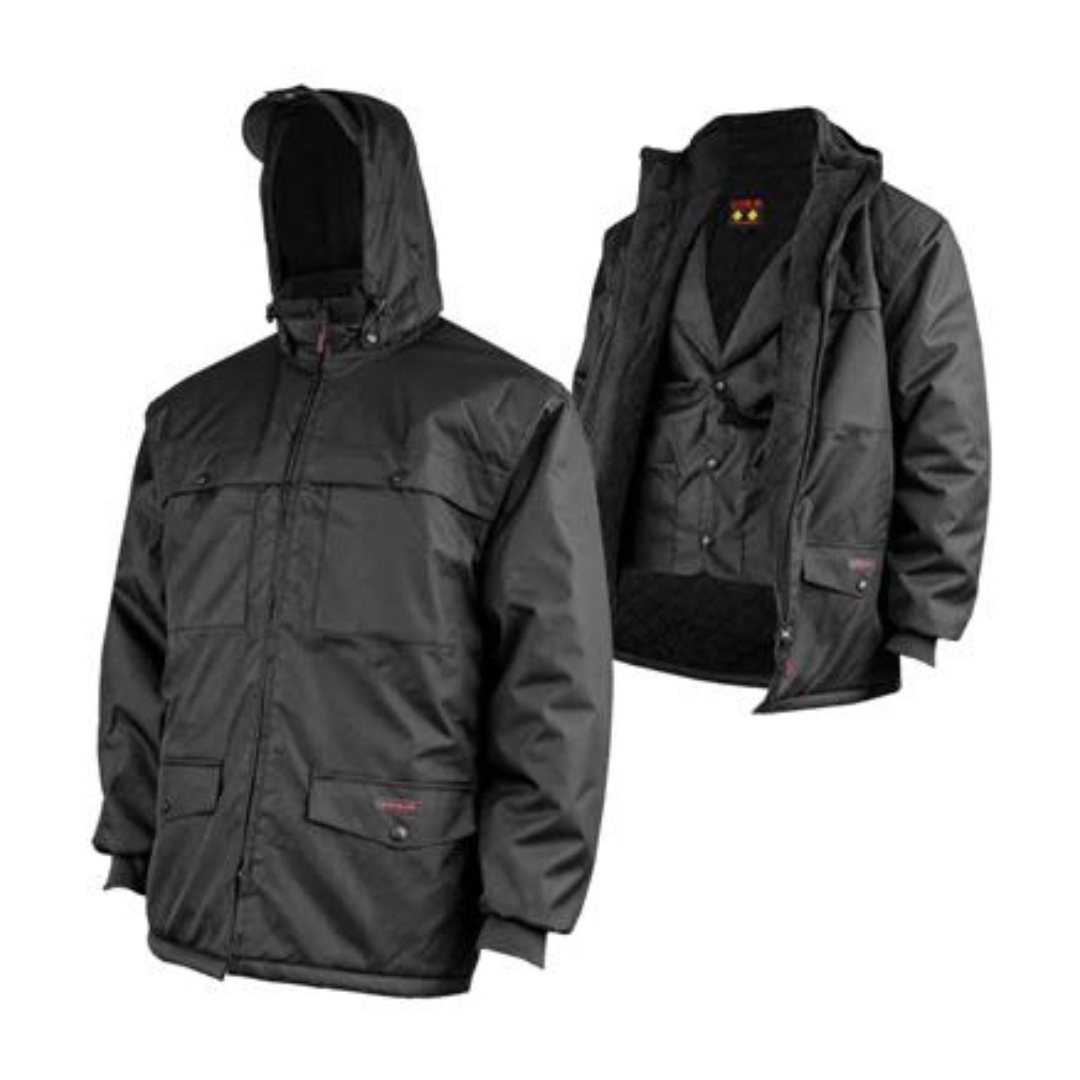 MANTEAU IMPERMÉABLE KINGTREADS AVEC VESTE D'HIVER POUR HOMME couleur noir vue de face refermée et ouverte laissant voir la veste