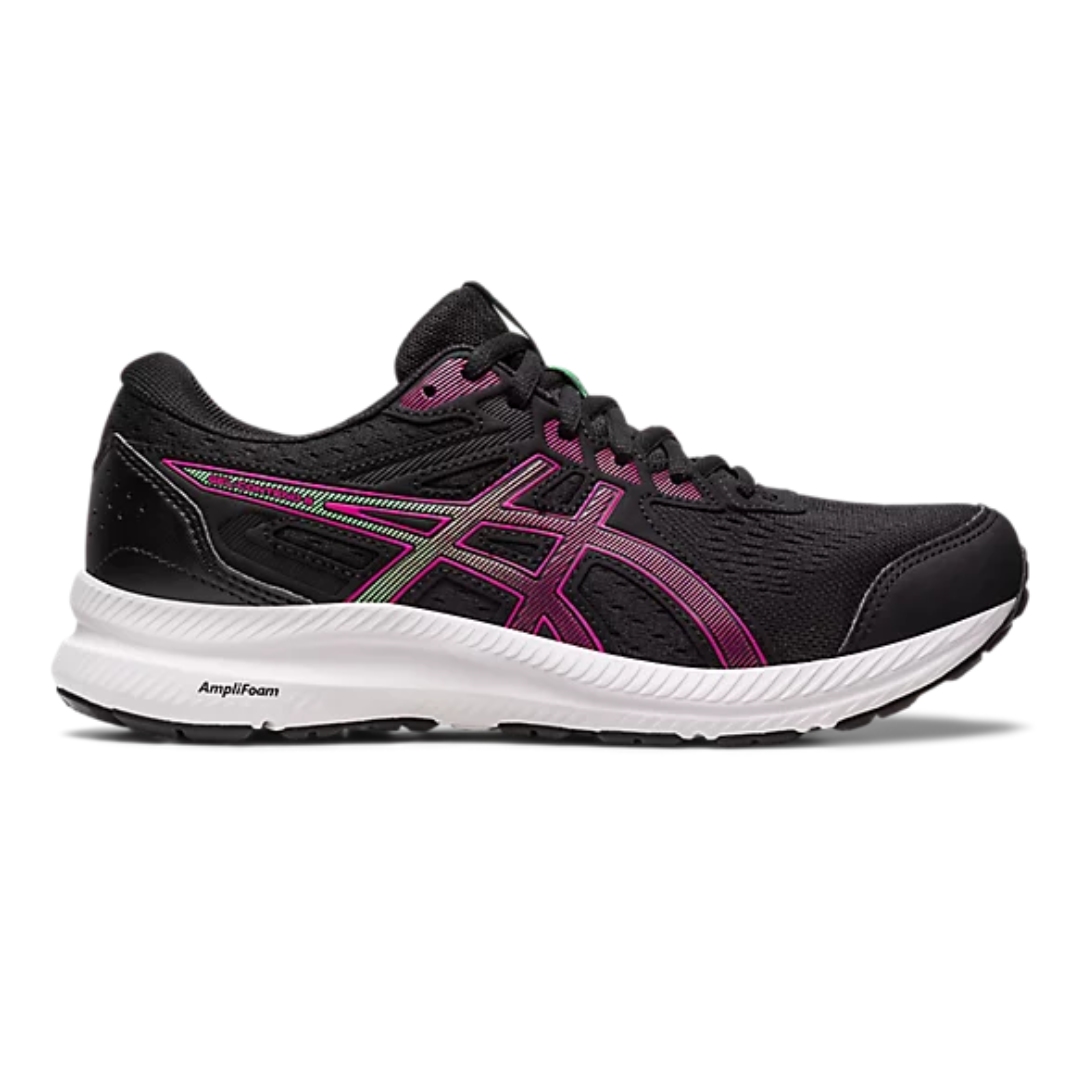 CHAUSSURE DE COURSE ASICS GEL CONTEND 8 POUR FEMME couleur 008-BLACK/PINK RAVE vu de chaussure droite noires avec détails roses et verts de profil droit