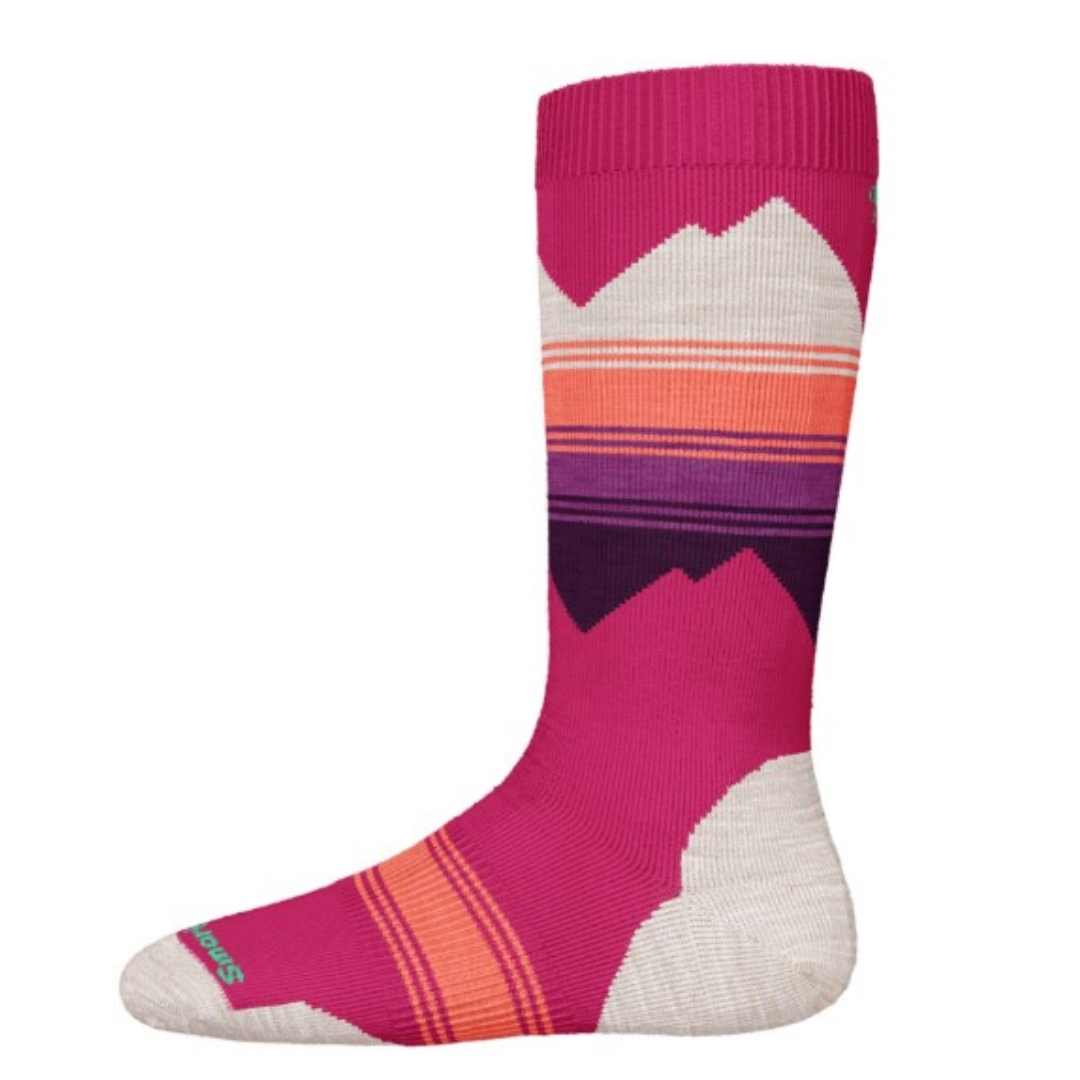 CHAUSSETTE SOUS LE GENOU SMARTWOOL SKI LOW CUSHION OTC POUR ENFANT couleur power pink vu de la chaussette rose, mauve, orange et crème