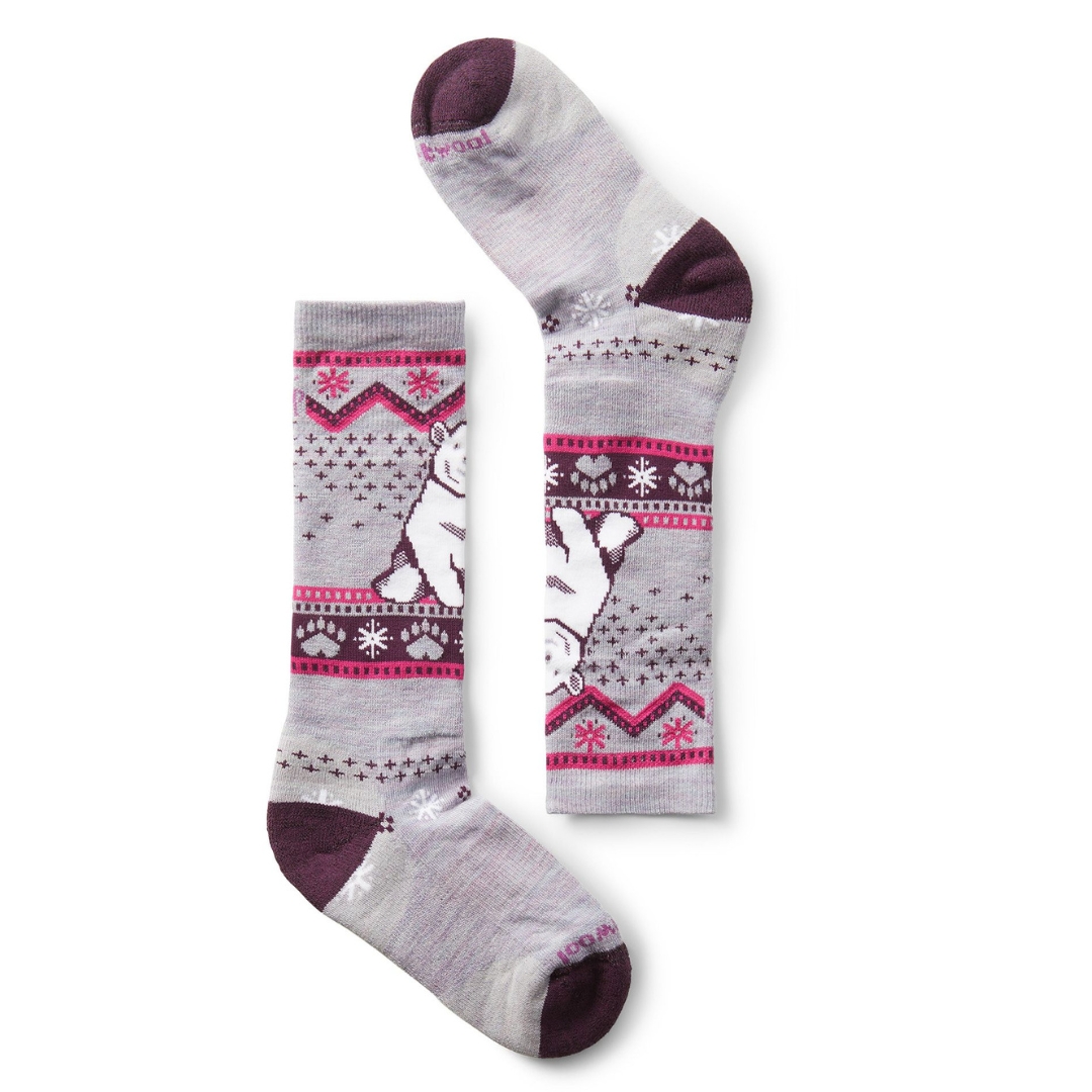CHAUSSETTE SOUS LE GENOU SMARTWOOL WINTERSPORT FULL CUSHION BEAR PATTERN POUR ENFANT COULEUR PURPLE ECLIPSE VU DE LA CHAUSSETTE GRISE CHINÉE AVEC IMPRIMÉ MAUVE, ROSE ET BLANC