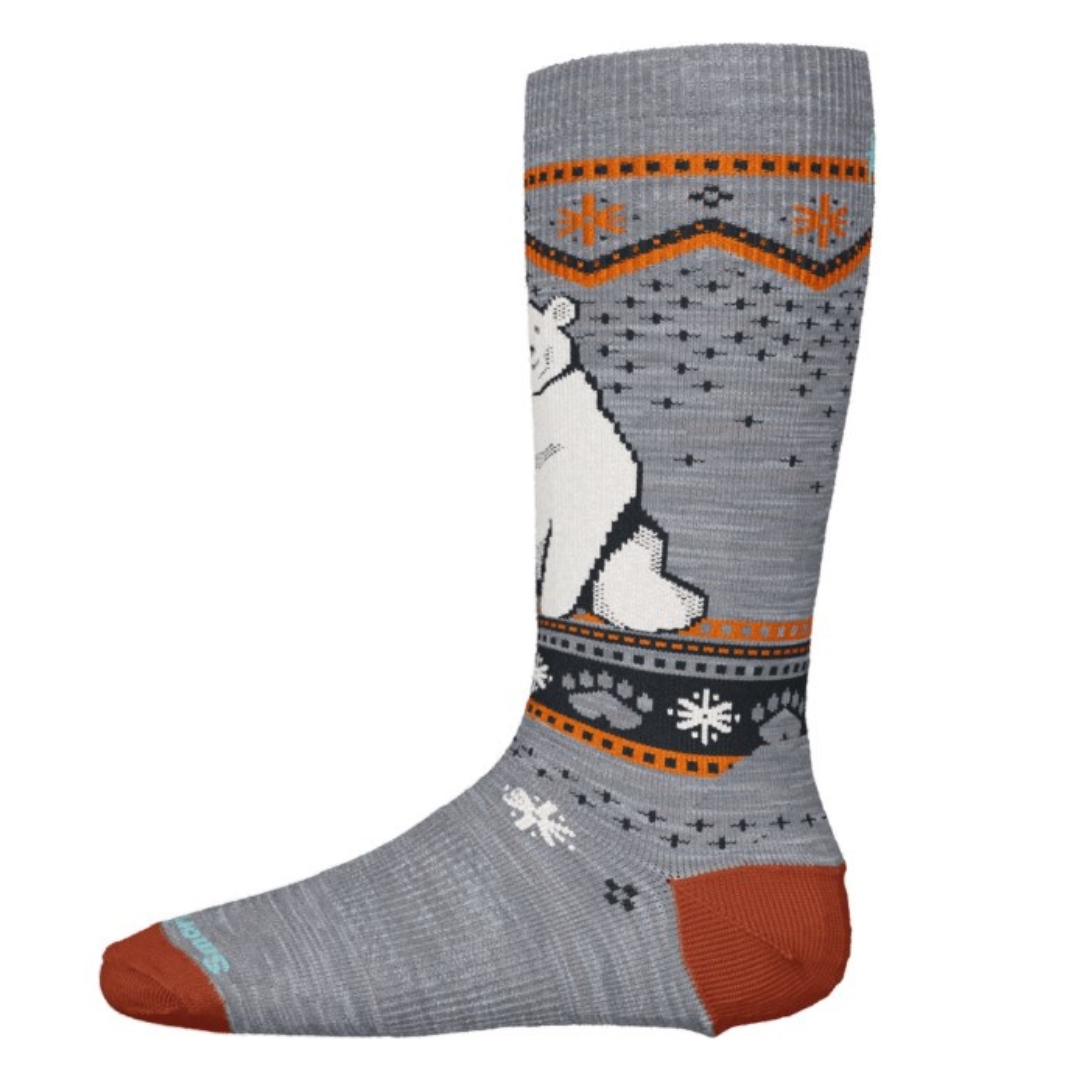 CHAUSSETTE SOUS LE GENOU SMARTWOOL WINTERSPORT FULL CUSHION BEAR PATTERN POUR ENFANT COULEUR LIGHT GRAY VU DE LA CHAUSSETTE GRISE CHINÉE FONCÉE AVEC IMPRIMÉ ORANGE GRIS FONCÉ ET BLANC