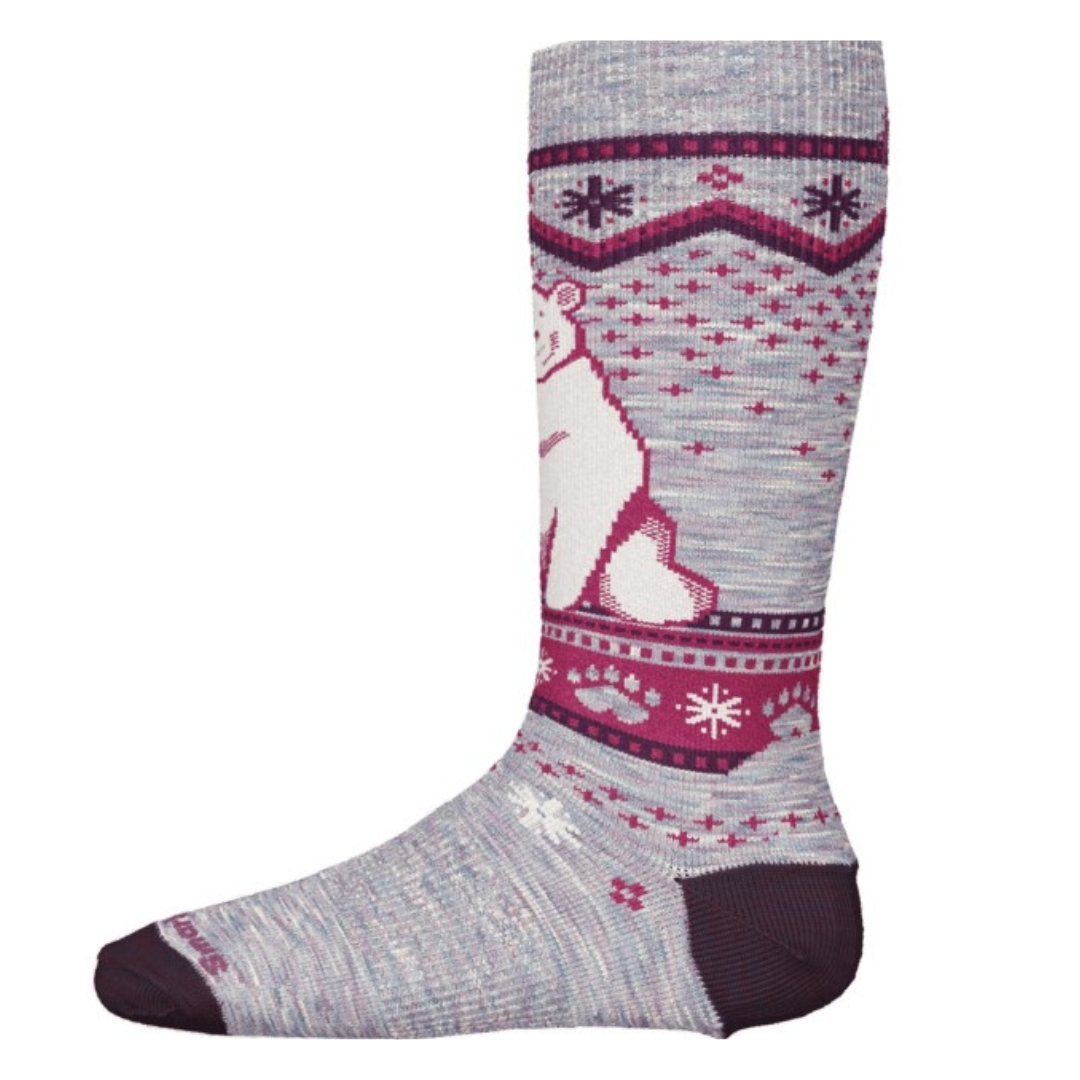 CHAUSSETTE SOUS LE GENOU SMARTWOOL WINTERSPORT FULL CUSHION BEAR PATTERN POUR ENFANT COULEUR PURPLE ECLIPSE VU DE LA CHAUSSETTE GRISE CHINÉE AVEC IMPRIMÉ MAUVE, ROSE ET BLANC