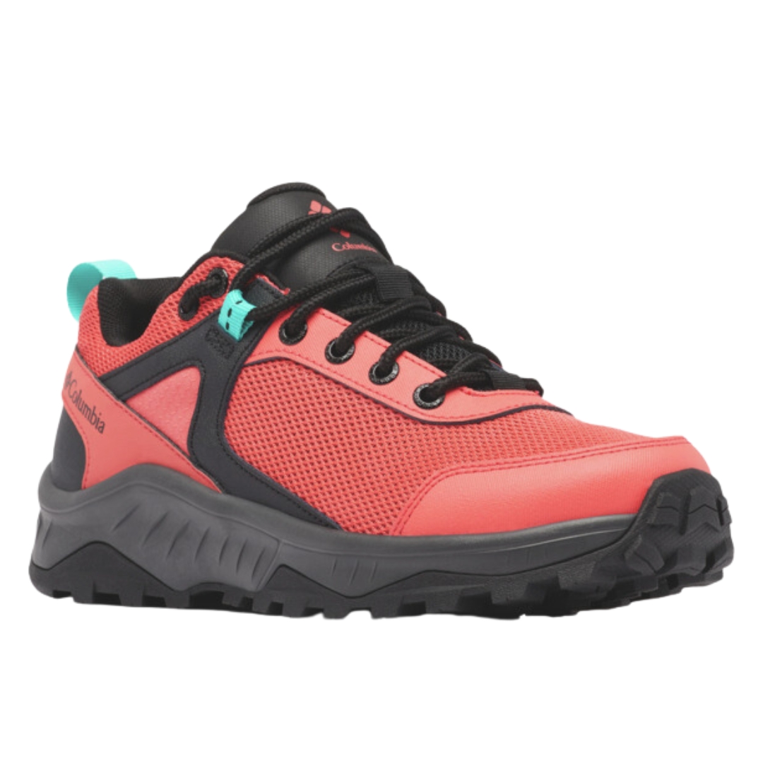 chaussure DE RANDONNÉ IMPERMÉABLE COLUMBIA TRAILSTORM ASCEND MID PIED LARGE POUR FEMME COULEUR 633-RED CORAL/BRIGHT AQUA VU DE la chaussure droite couleur corail et noir avec détails bleux aqua de profil avant droit