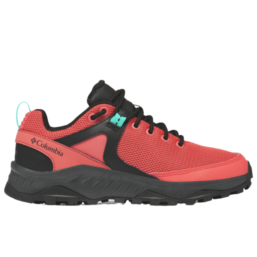 chaussure DE RANDONNÉ IMPERMÉABLE COLUMBIA TRAILSTORM ASCEND MID PIED LARGE POUR FEMME COULEUR 633-RED CORAL/BRIGHT AQUA VU DE la chaussure droite couleur corail et noir avec détails bleux aqua de profil droit