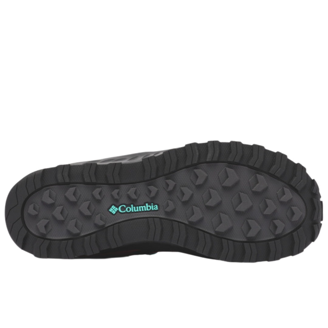 chaussure DE RANDONNÉ IMPERMÉABLE COLUMBIA TRAILSTORM ASCEND MID PIED LARGE POUR FEMME COULEUR 633-RED CORAL/BRIGHT AQUA VU DE la chaussure droite couleur corail et noir avec détails bleu aqua vue de la semelle d'usure noire
