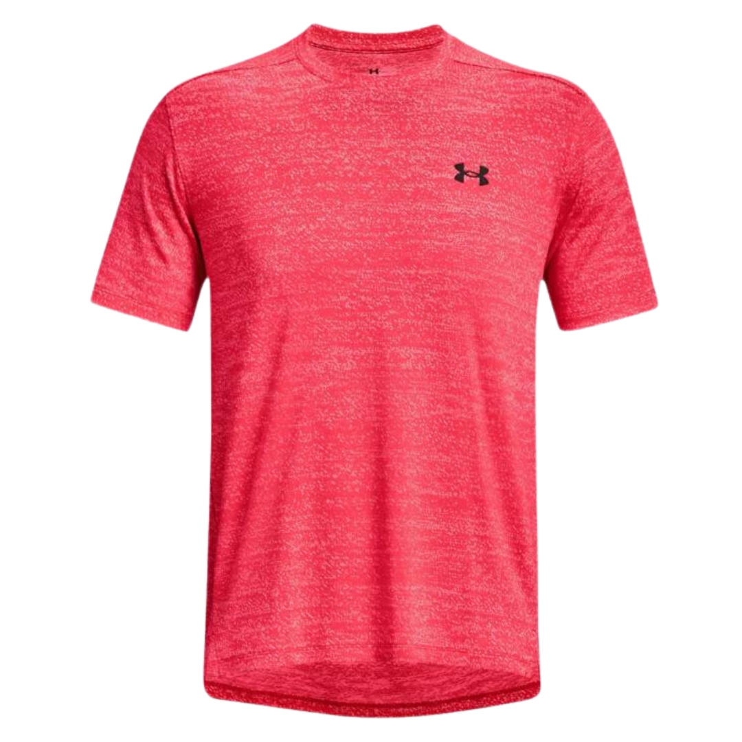 T-SHIRT D'ENTRAINEMENT EN JACQUARD UNDER ARMOUR UA TECH VENT POUR HOMME couleur 628-BETA/BLACK vu du chandail à manches courtes de couleur orange/rose flash lettré noir de face