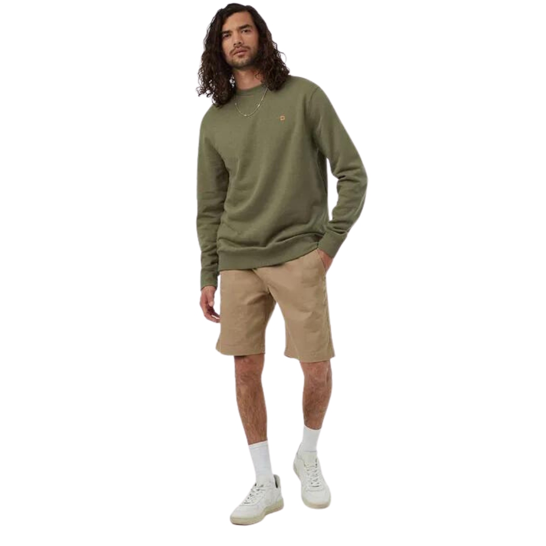 chandail en molleton tentree treefleece classic pour homme COULEUR DEEP LICHEN GREEN VU DU CHANDAIL MANCHES LONGUES VERT ARMÉ PORTÉ PAR UN HOMME VU DE LA TÊTE AUX PIEDS DE FACE