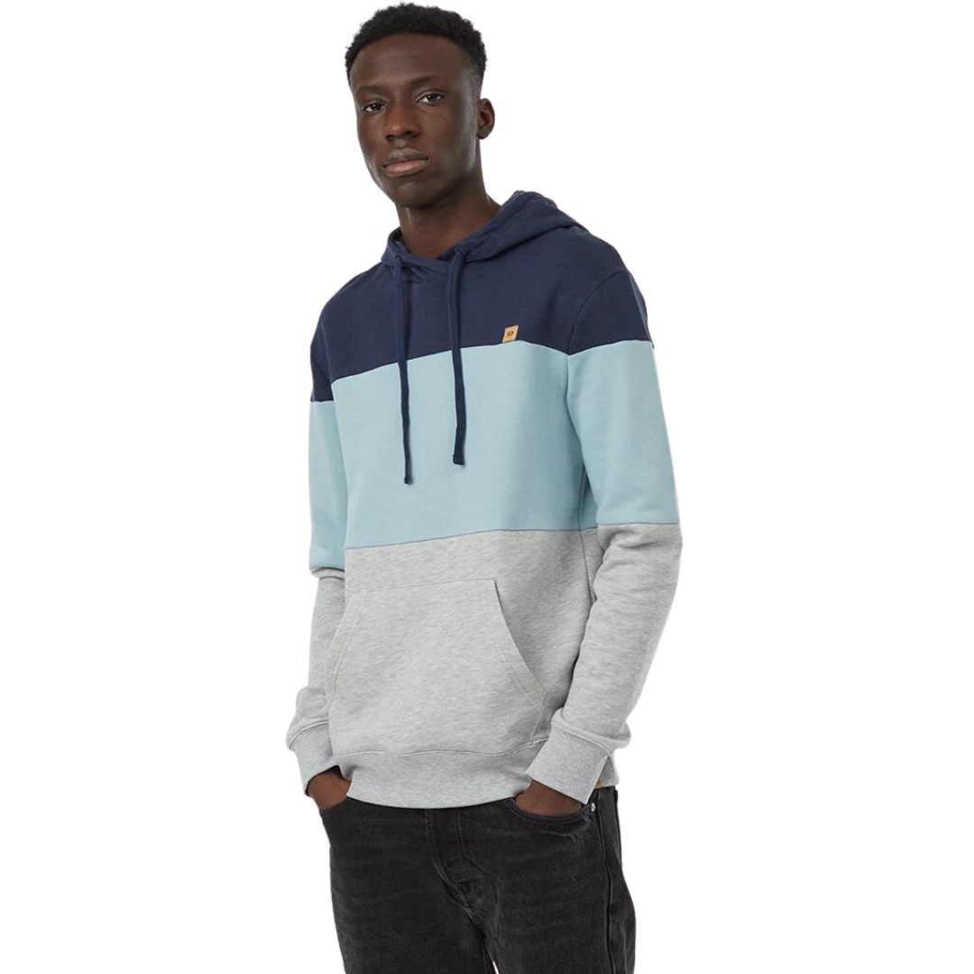 CHANDAIL À CAPUCHON TENTREE TREEFLEECE BLOCKED REYNARD POUR HOMME COULEUR DRESS BLUE/TOURMALINE BLUE/HI RISE GREY VU DU CHANDAIL BLEU MARIN, BLUE CIEL ET GRIS PORTÉ PAR UN HOMME VU DE LA TÊTE AUX CUISSES DE FACE