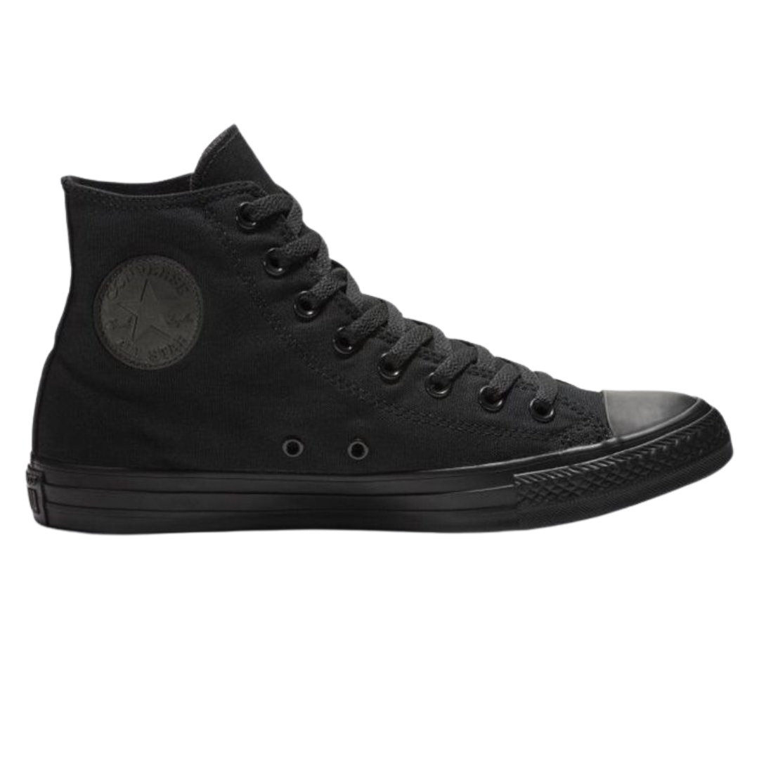 CHAUSSURE URBAINE CONVERSE CHUCK TAYLOR ALL STAR MONO CANVAS HIGH TOP POUR HOMME couleur noir vu de la chaussure gauche entièrement noire de profil droit