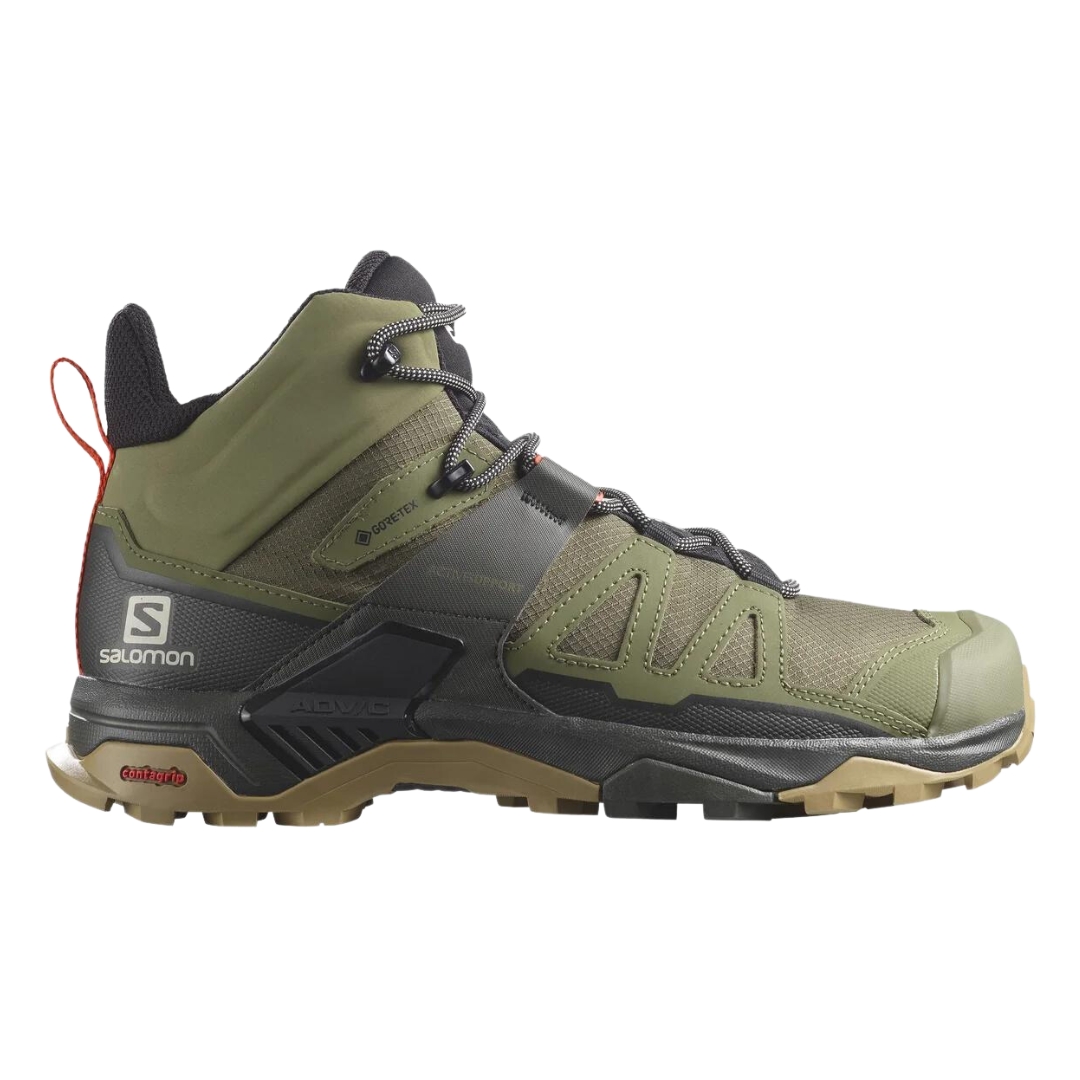 BOTTE DE RANDONNÉE SALOMON X ULTRA 4 MID GTX POUR HOMME COULEUR Deep Lichen Green / Peat / Kelp VUE DE LA BOTTE DROITE DE COULEUR VERTE OLIVE, NOIRE ET KHAKI DE PROFIL DROIT