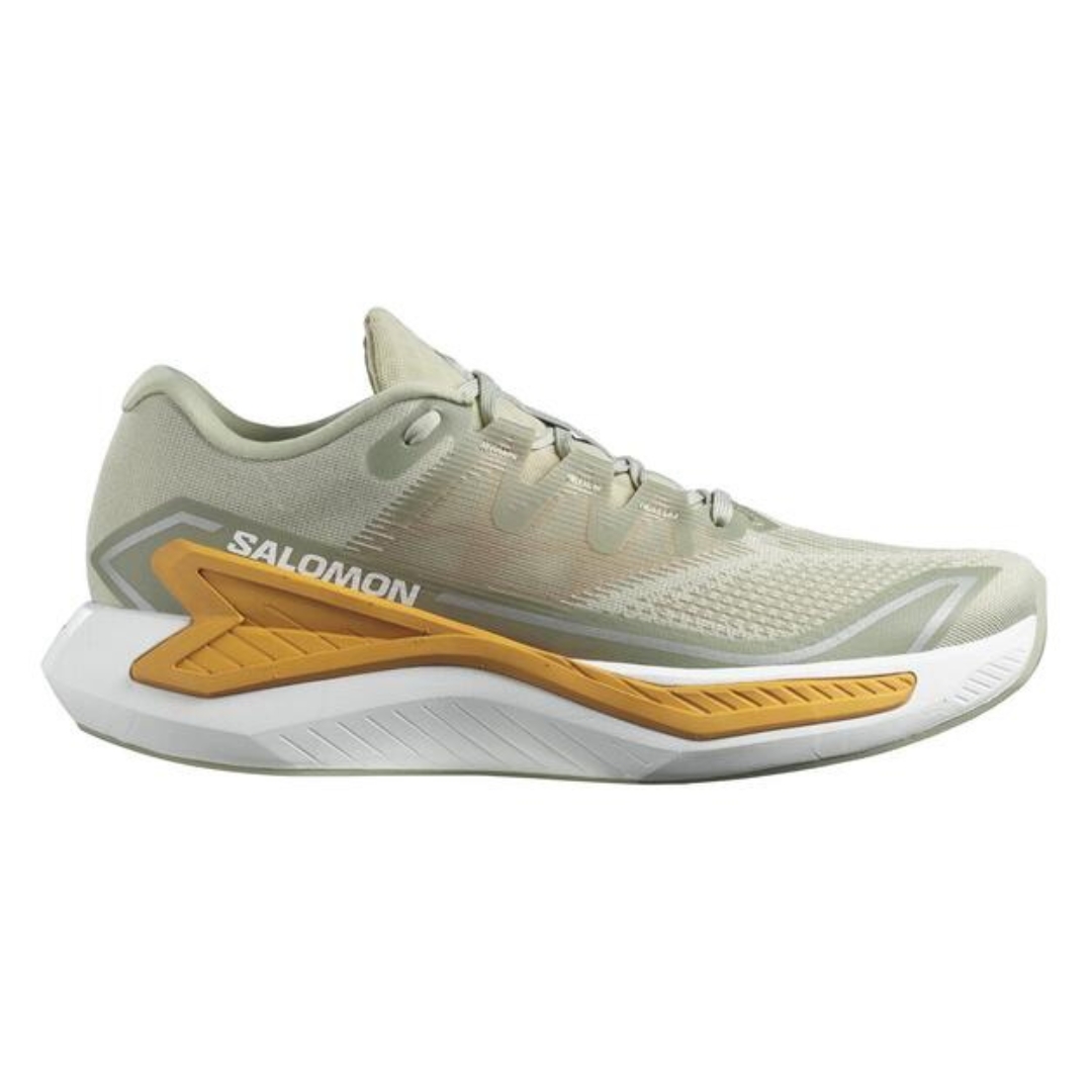 CHAUSSURE DE COURSE SUR ROUTE SALOMON DRX BLISS POUR HOMME couleur Desert Sage/Zinna/White vue de la chausure droite de couleur verte sauge pale, ,blanche et jaune ocre de profil droit