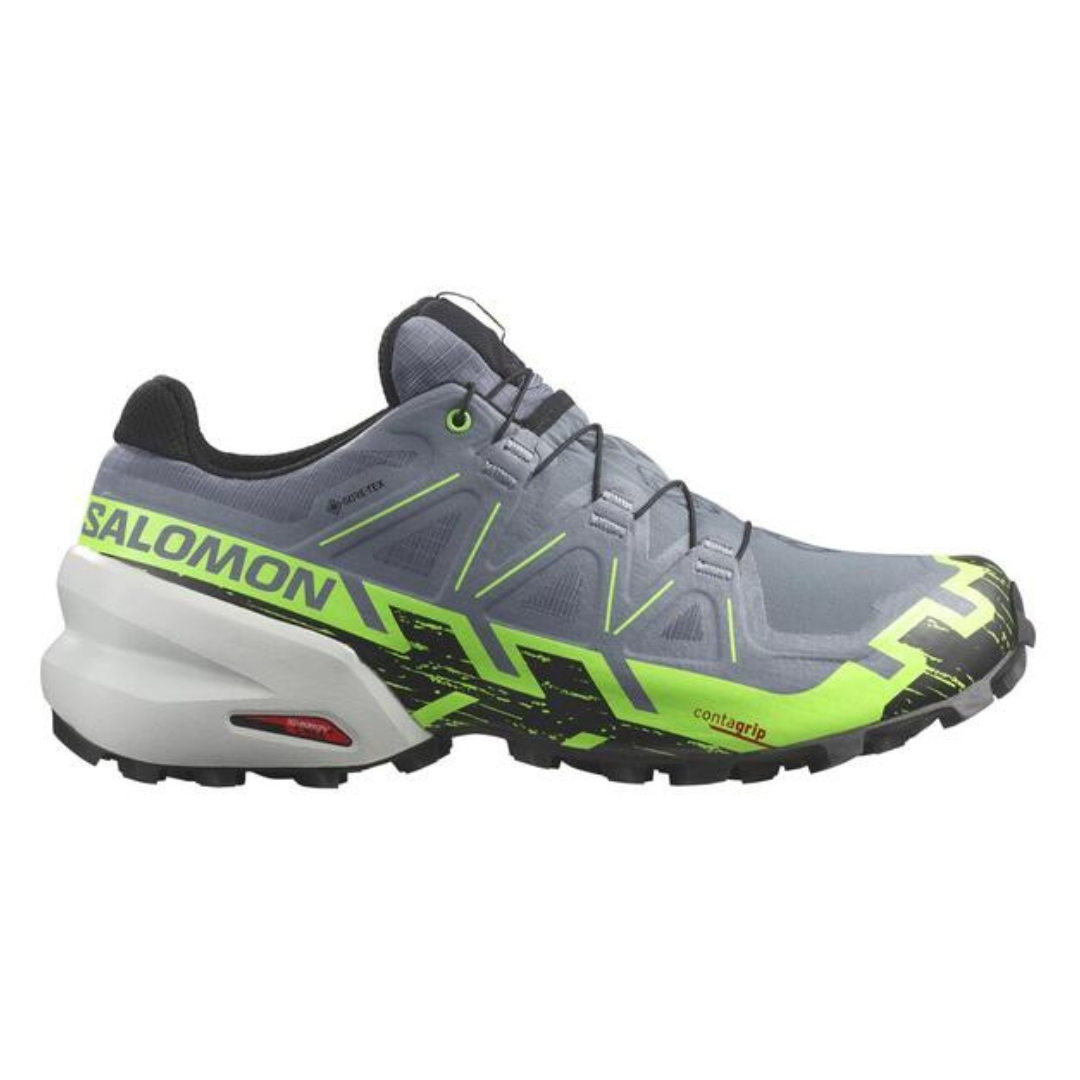 CHAUSSURE DE COURSE SUR SENTIER SALOMON SPEEDCROSS 6 GORE-TEX POUR HOMME COULEUR FLINT STONE/GREEN GECKO/BLACK VU DE LA CHAUSSURE DROITE DE COULEURGRISE VERTE FLUO ET NOIRE DE PROFIL DROIT