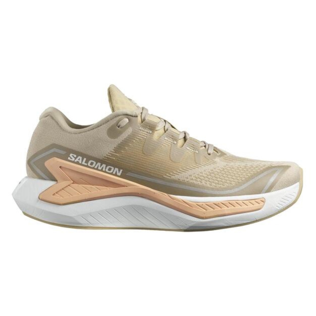 CHAUSSURE DE COURSE SUR ROUTE SALOMON DRX BLISS POUR FEMME couleur Safari/Cantaloupe/White vu de la chaussure droite de couleur beige, pêche et crème de profil droit