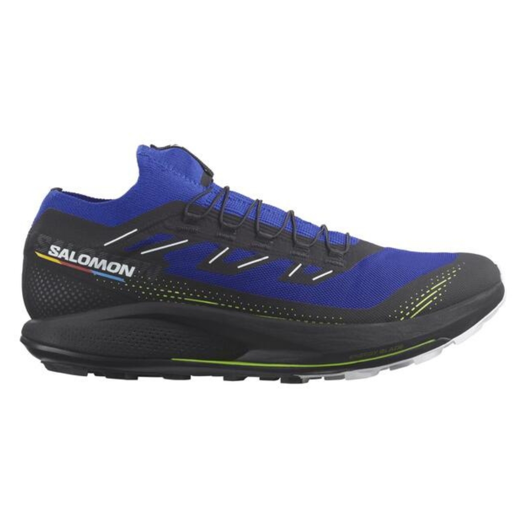 CHAUSSURE DE COURSE SUR SENTIER SALOMON PULSAR TRAIL PRO 2 POUR HOMME COULEUR SURF THE WEB/BLACK/SAFETY YELLOW VUE DE LA CHAUSSURE DROITE DE COULEUR BLEUE ROYALE, NOIRE ET JAUNE FLASH VUE DE PROFIL DROIT