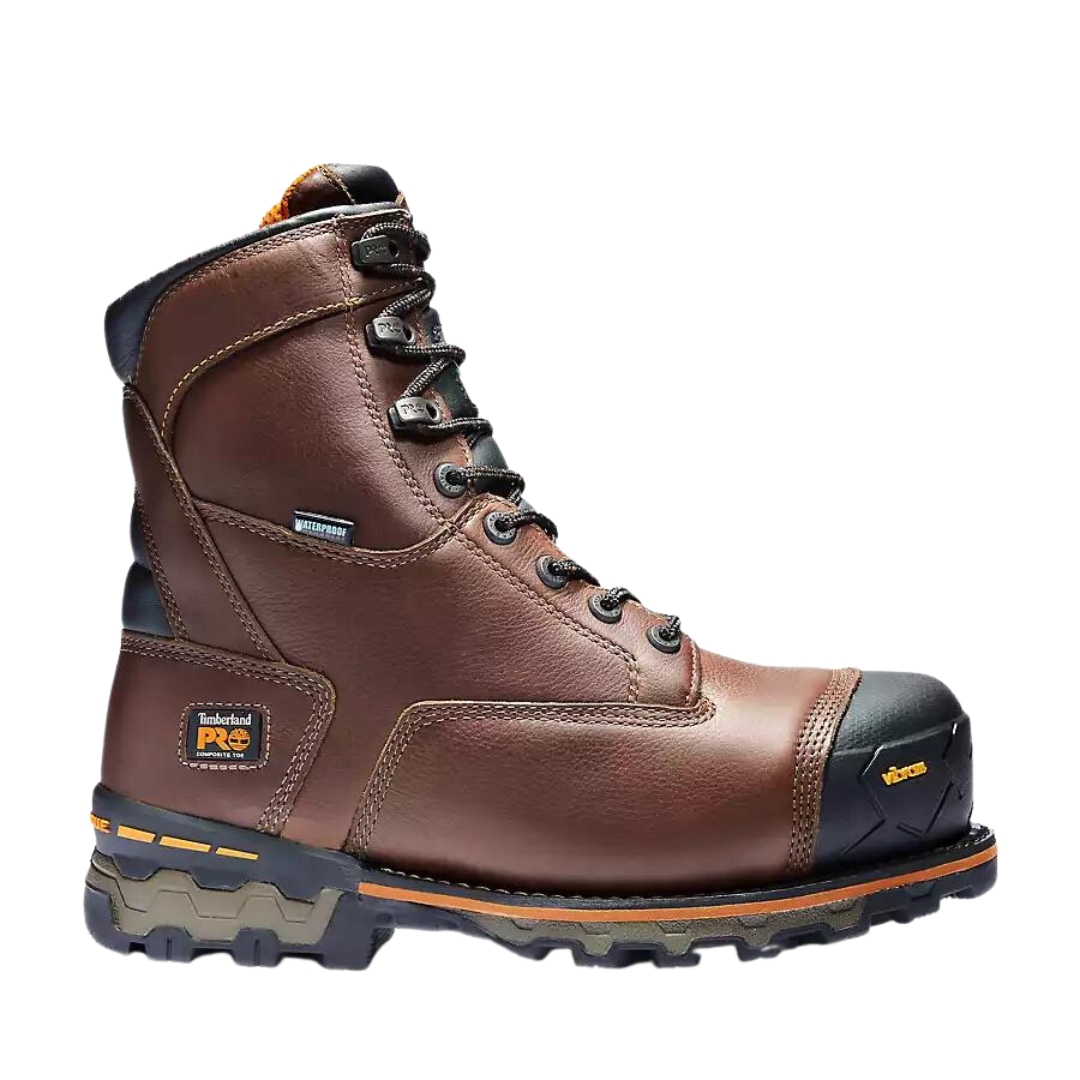 BOTTE DE SÉCURITÉ TIMBERLAND PRO 8" BOONDOCK IMPERMÉABLE SANS MÉTAL couleur brown vue de la botte droite de couleur brune foncée avec semelle noire de profil droit