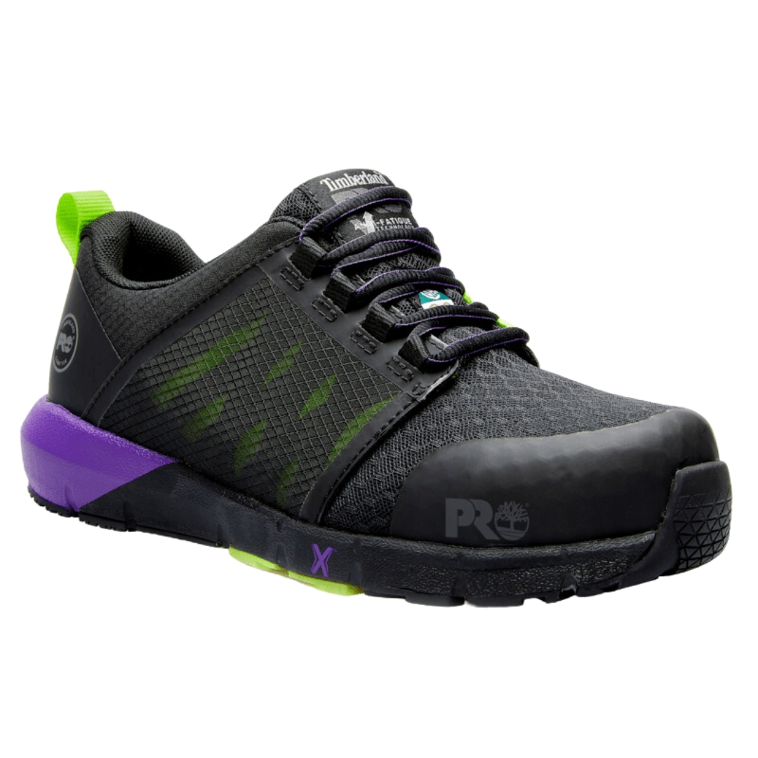 CHAUSSURE DE SÉCURITÉ TIMBERLAND PRO RADIUS CSA POUR HOMME couleur BLACK PURPLE HI VIS vu de la chaussure noire, mauve et vert fluo de profil droit