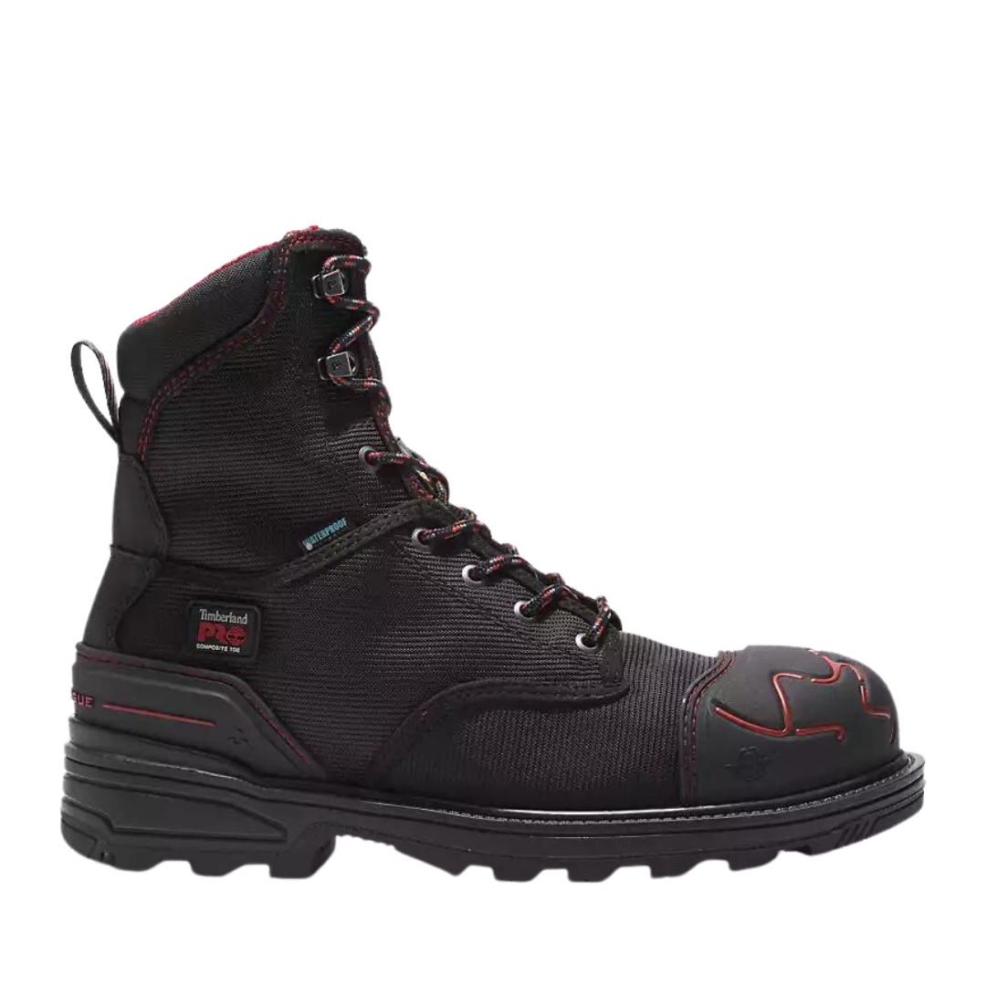 BOTTE DE SÉCURITÉ IMPERMÉABLE TIMBERLAND PRO 8" MAGNITUDE SANS MÉTAL POUR HOMME COULEUR BLACK VU DES BOTTES NOIRES AVEC DÉTAILS ROUGE DE PROFIL DROIT