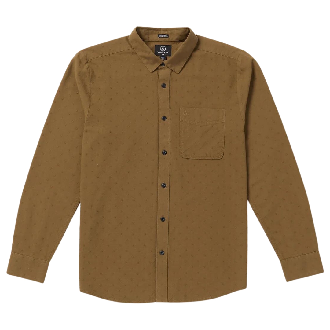 CHEMISE À MANCHES LONGUES VOLCOM DATE KNIGHT POUR HOMME couleur md-mud vue de la chemise brune sable de face