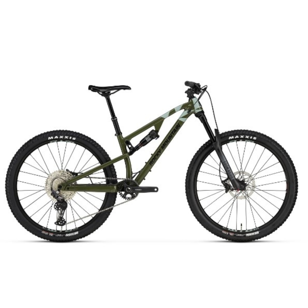 VÉLO DE MONTAGNE ROCKY MOUNTAIN ELEMENT ALLOY 30 COULEUR GREEN/BLUE VU DE PROFIL DROIT DU VÉLO VERT À DÉTAILS BLEUS ROUES 27.5"