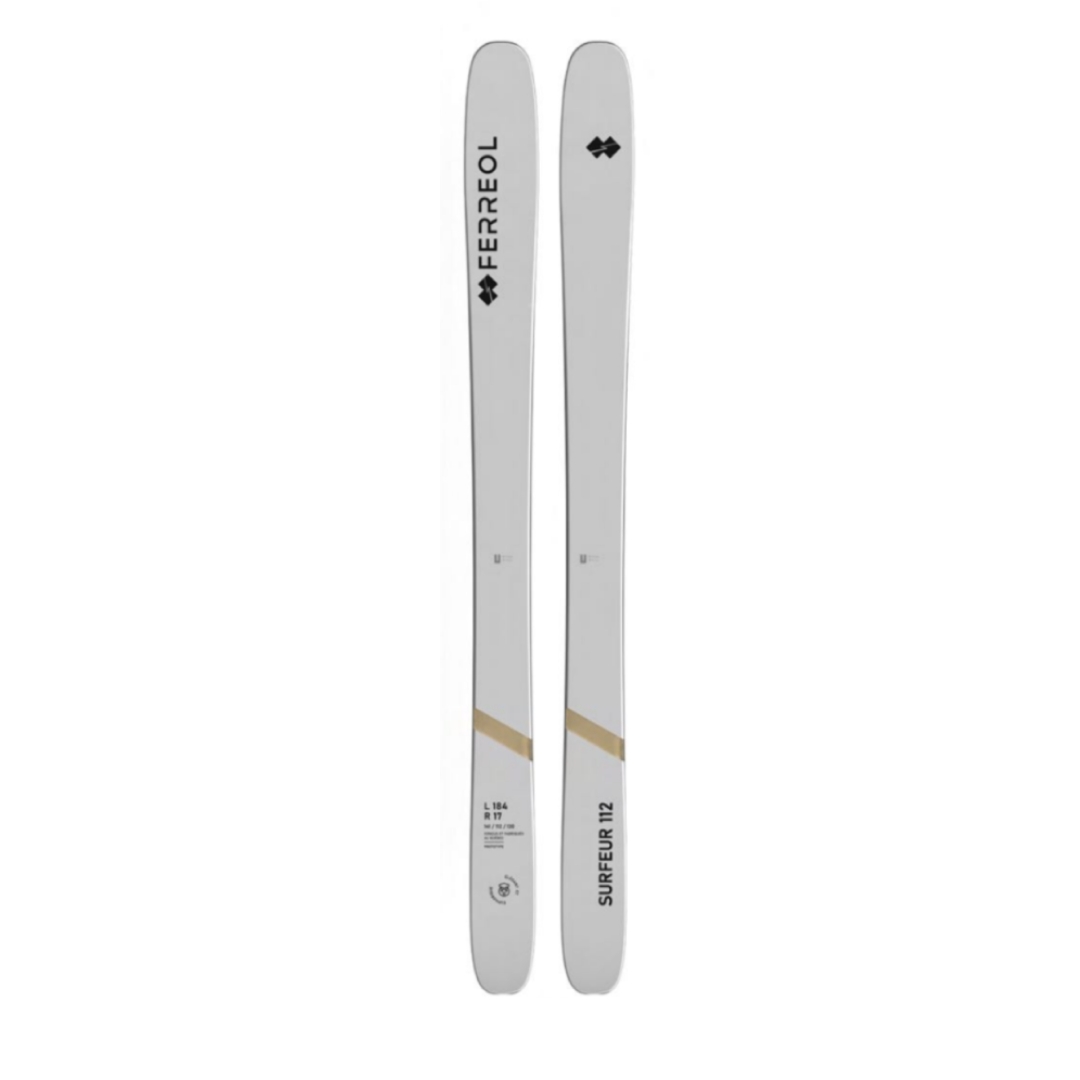 SKI ALPIN FERREOL SURFEUR 112 vu du dessus blanc et noir des skis