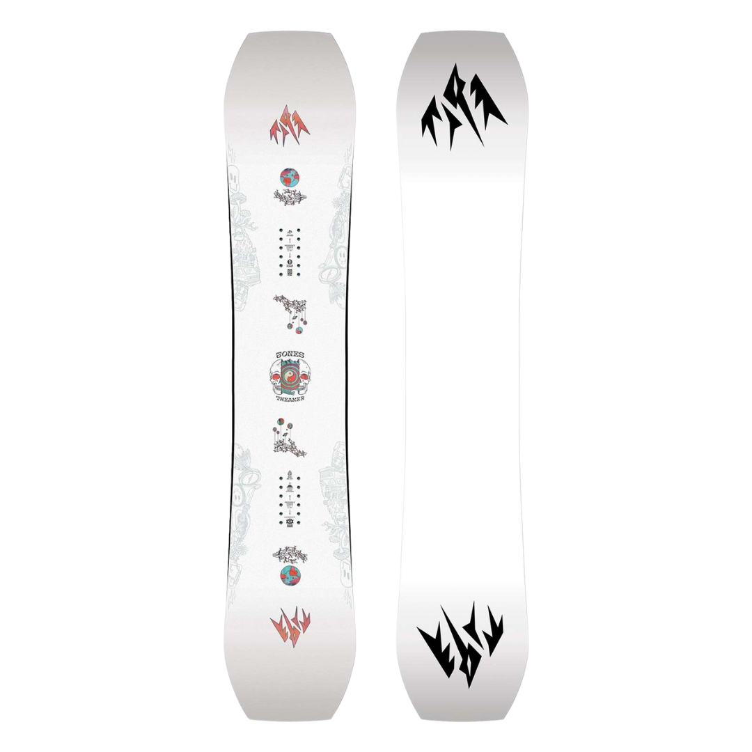 PLANCHE À NEIGE JONES TWEAKER POUR HOMME vue de la planche blanche avec dessins vue du dessus et du dessous de la planche