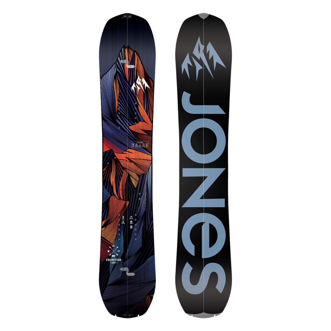 SPLITBOARD JONES FRONTIER POUR HOMME vue de la planche noire avec graphique bleu et rouges du dessus et du dessous