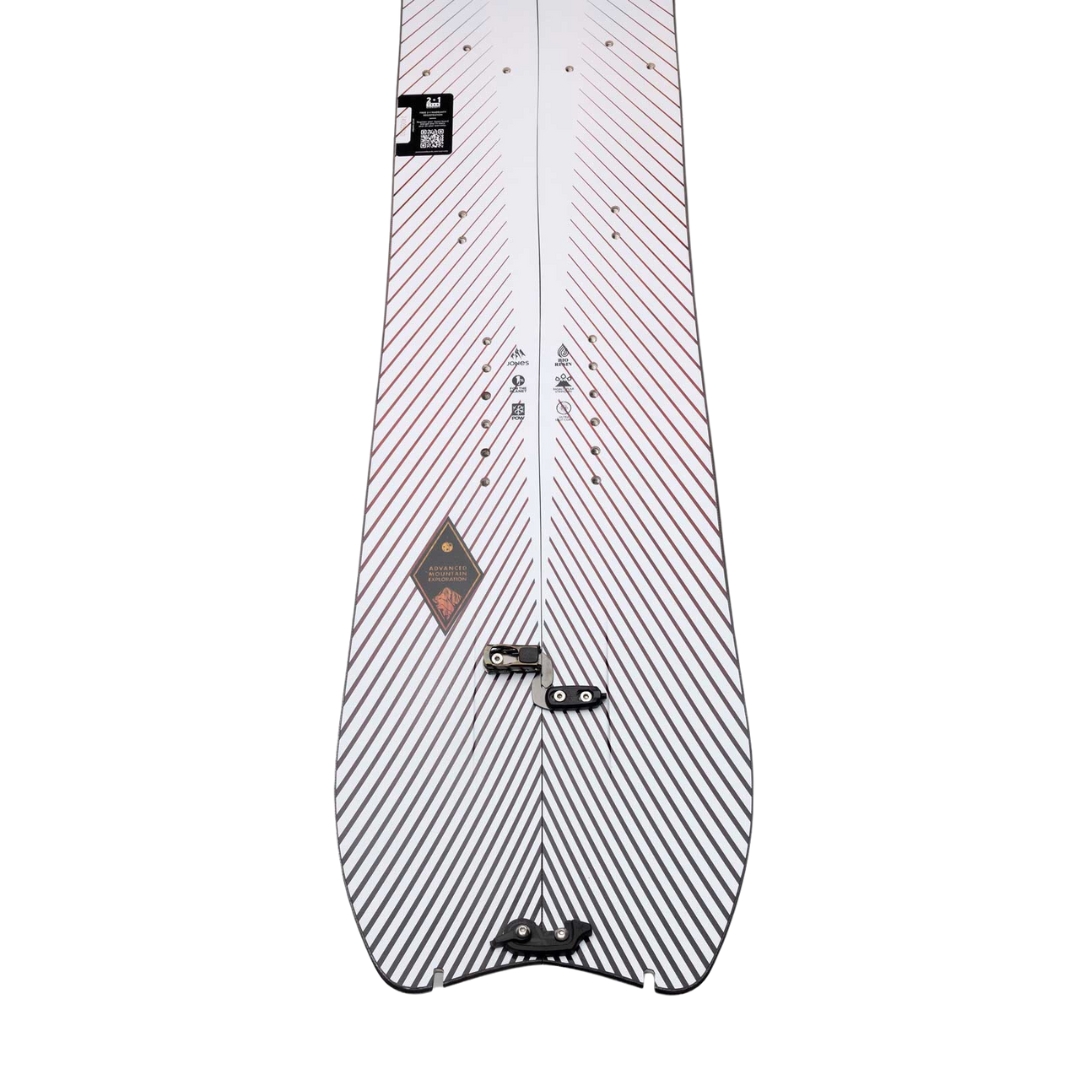 SPLITBOARD JONES STRATOS POUR HOMME vu de la planche blanche lignée rouge et noire vue en gros plan sur la queue