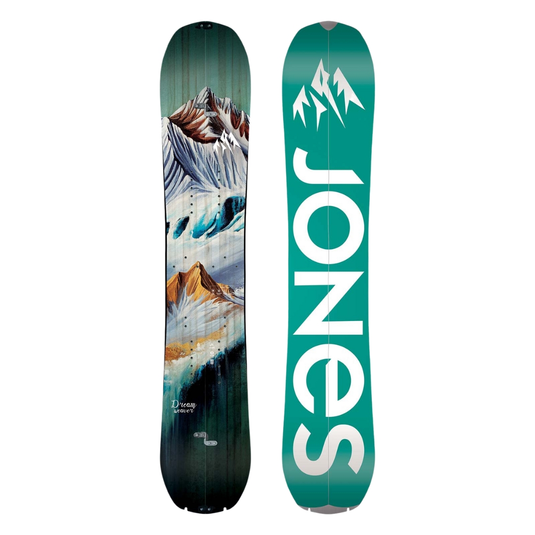 SPLITBOARD JONES DREAM WEAVER POUR FEMME VUE DE LA PLANCHE AVEC GRAPHIQUE DE MONTAGNE VUE DU DESSUS ET DU DESSOUS VERSION TURQUOISE