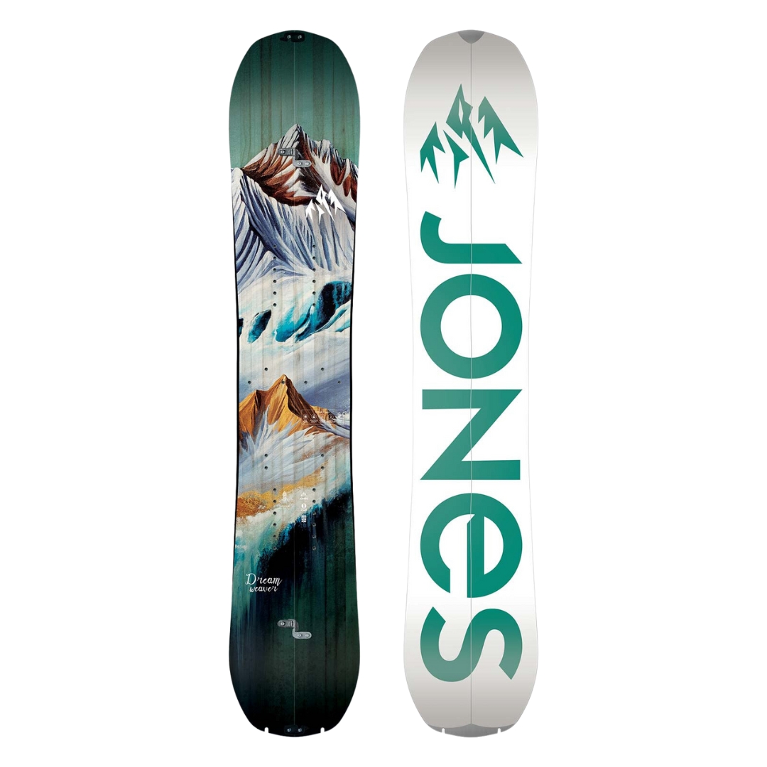 SPLITBOARD JONES DREAM WEAVER POUR FEMME VUE DE LA PLANCHE AVEC GRAPHIQUE DE MONTAGNE VUE DU DESSUS ET DU DESSOUS VERSION BLANCHE