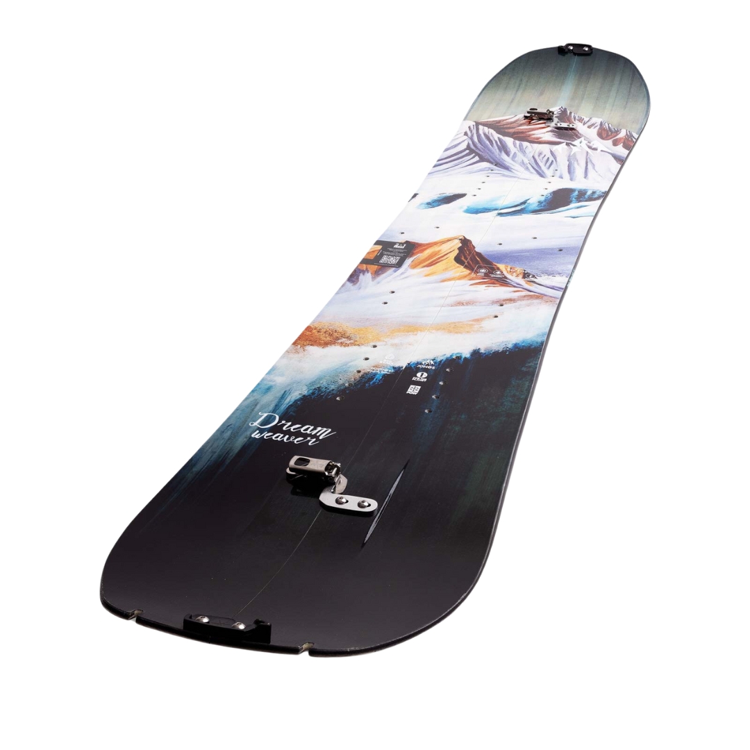 SPLITBOARD JONES DREAM WEAVER POUR FEMME VUE DE LA PLANCHE AVEC GRAPHIQUE DE MONTAGNE DU DESSUS EN BIAIS