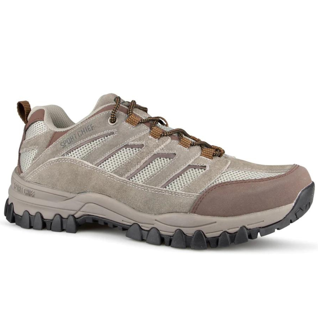 CHAUSSURE DE SPORT SPORTCHIEF CIDAR COVE POUR HOMME COULEUR TAUPE VU DE LA CHAUSSURE BRUNE ET BEIGE DE PROFIL DROIT