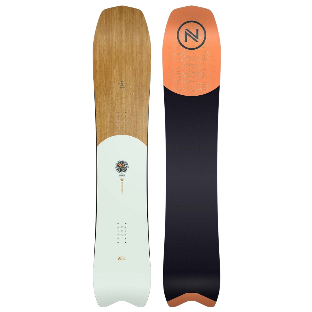 PLANCHE À NEIGE NIDECKER MELLOW POUR HOMME VUE DE LA PLANCHE COULEUR BOIS ET GRISE DU DESSUS ET DU DESSOUS