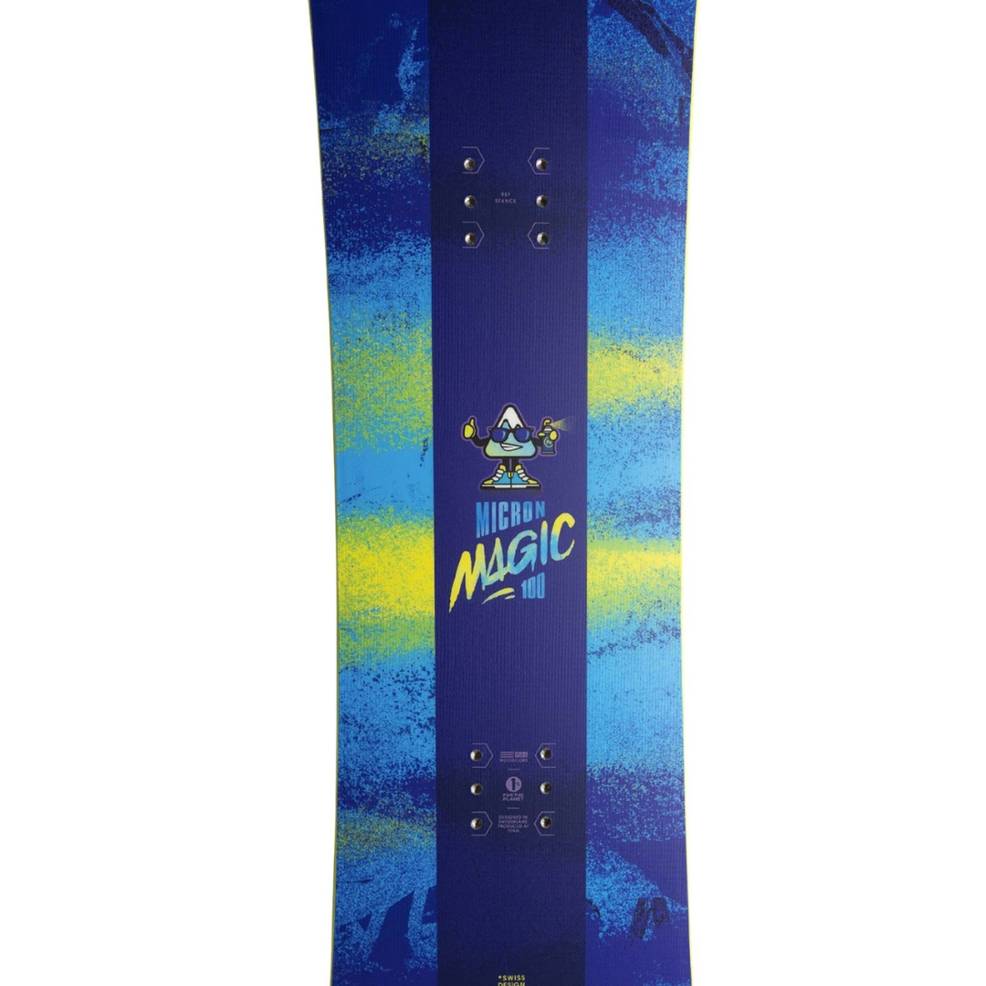 PLANCHE À NEIGE NIDECKER MICRON MAGIC POUR ENFANT vue de la planche violette, bleue et jaune en gros plan sur la partie centrale