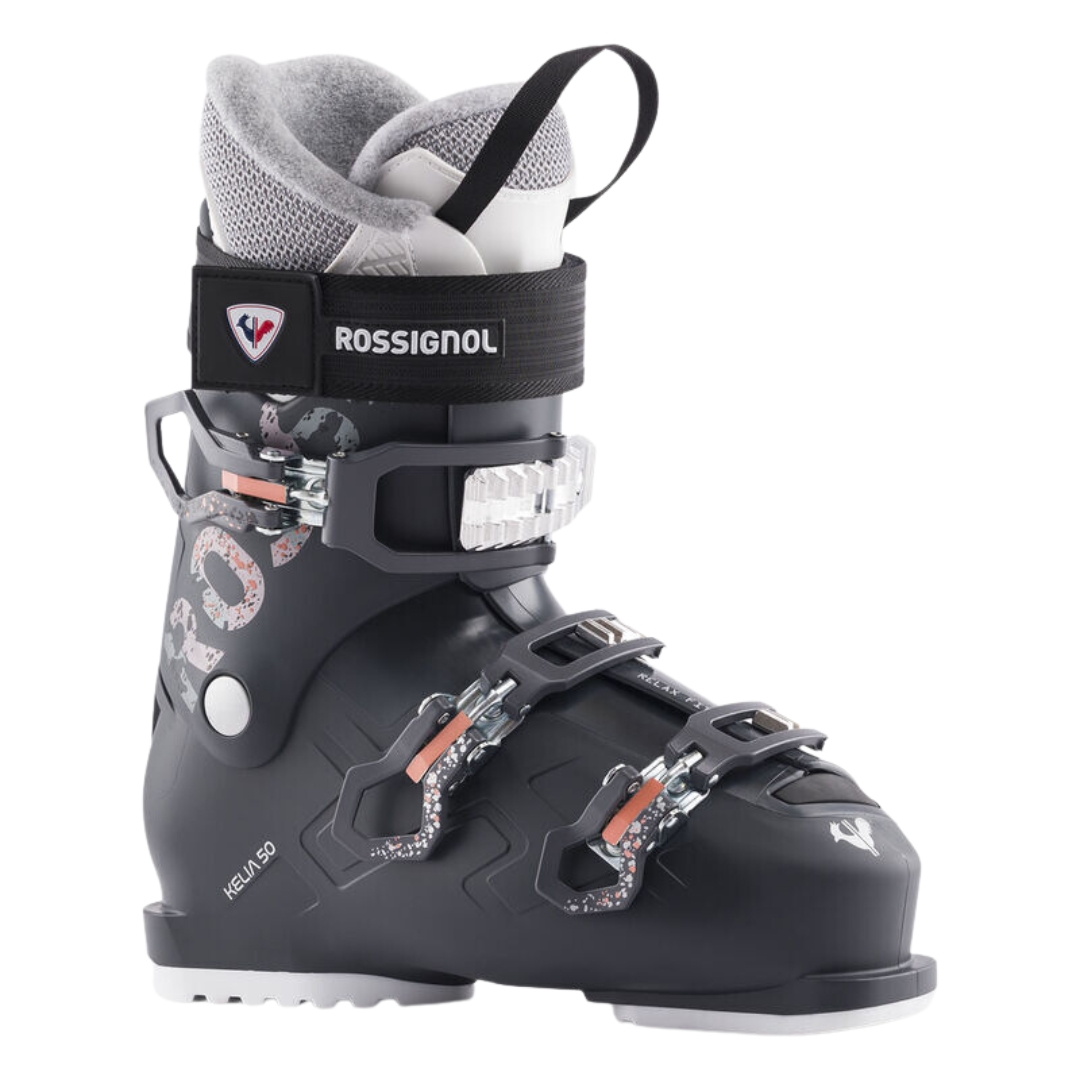 BOTTE DE SKI ALPIN ROSSIGNOL KELIA 50 POUR FEMME couleur dark iron vu de la botte grise de profil avant droit