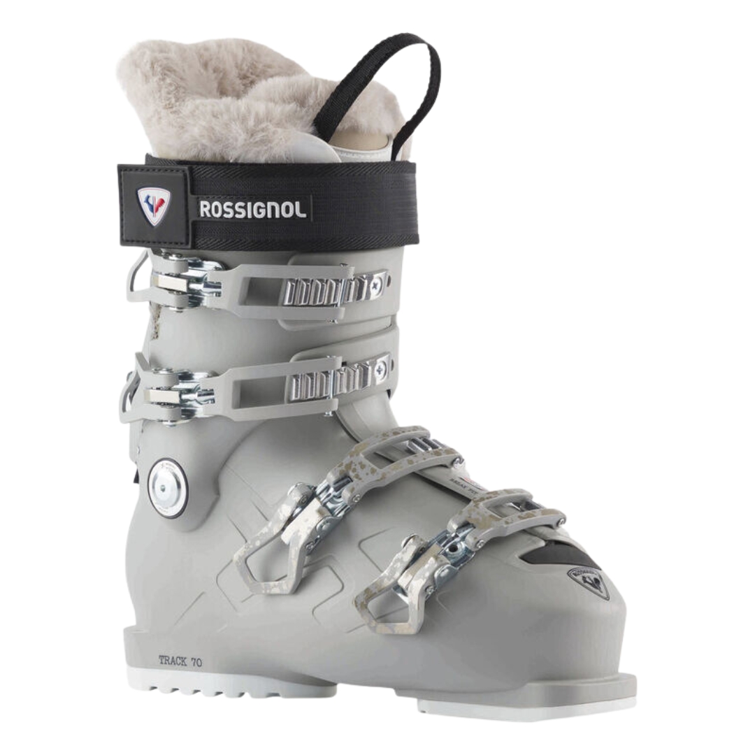 BOTTE DE SKI ALPIN ROSSIGNOL TRACK 70 POUR FEMME couleur cloud grey vu de la botte grise pale de profil avant droit