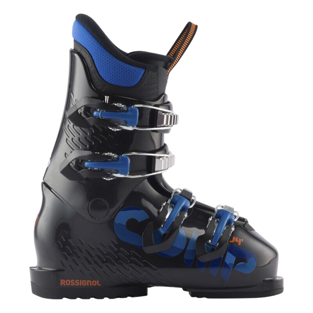 BOTTE DE SKI ALPIN ROSSIGNOL COMP J4 POUR JUNIOR couleur black vue de la botte noire et bleue de profil droit
