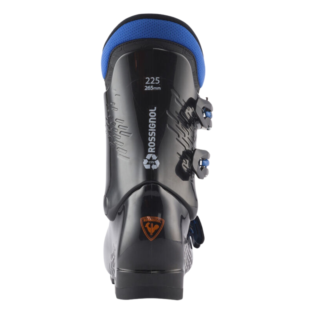 BOTTE DE SKI ALPIN ROSSIGNOL COMP J4 POUR JUNIOR couleur black vue de la botte noire et bleue de l'arrière