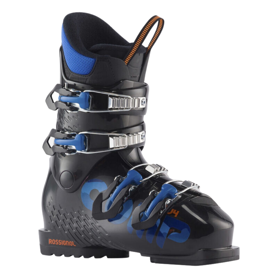 BOTTE DE SKI ALPIN ROSSIGNOL COMP J4 POUR JUNIOR couleur black vue de la botte noire et bleue de profil avant droit