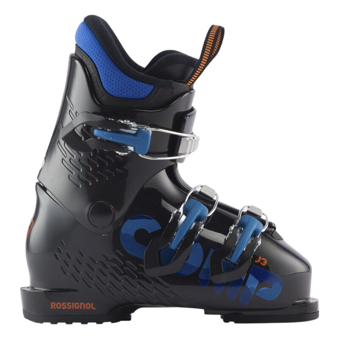 BOTTE DE SKI ALPIN ROSSIGNOL COMP J3 POUR JUNIOR couleur black vue de la botte noire et bleue de profil droit