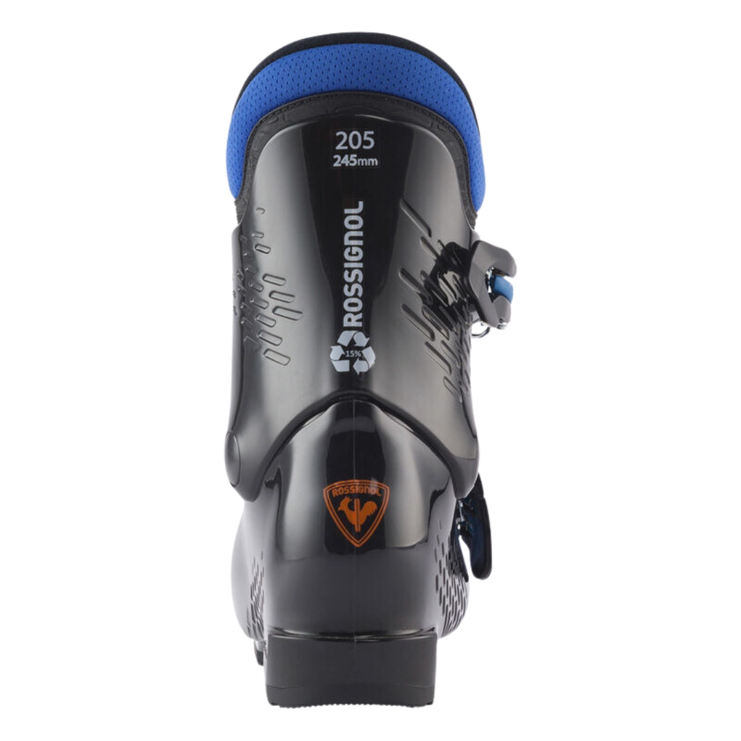 BOTTE DE SKI ALPIN ROSSIGNOL COMP J3 POUR JUNIOR couleur black vue de la botte noire et bleue de l'arrière