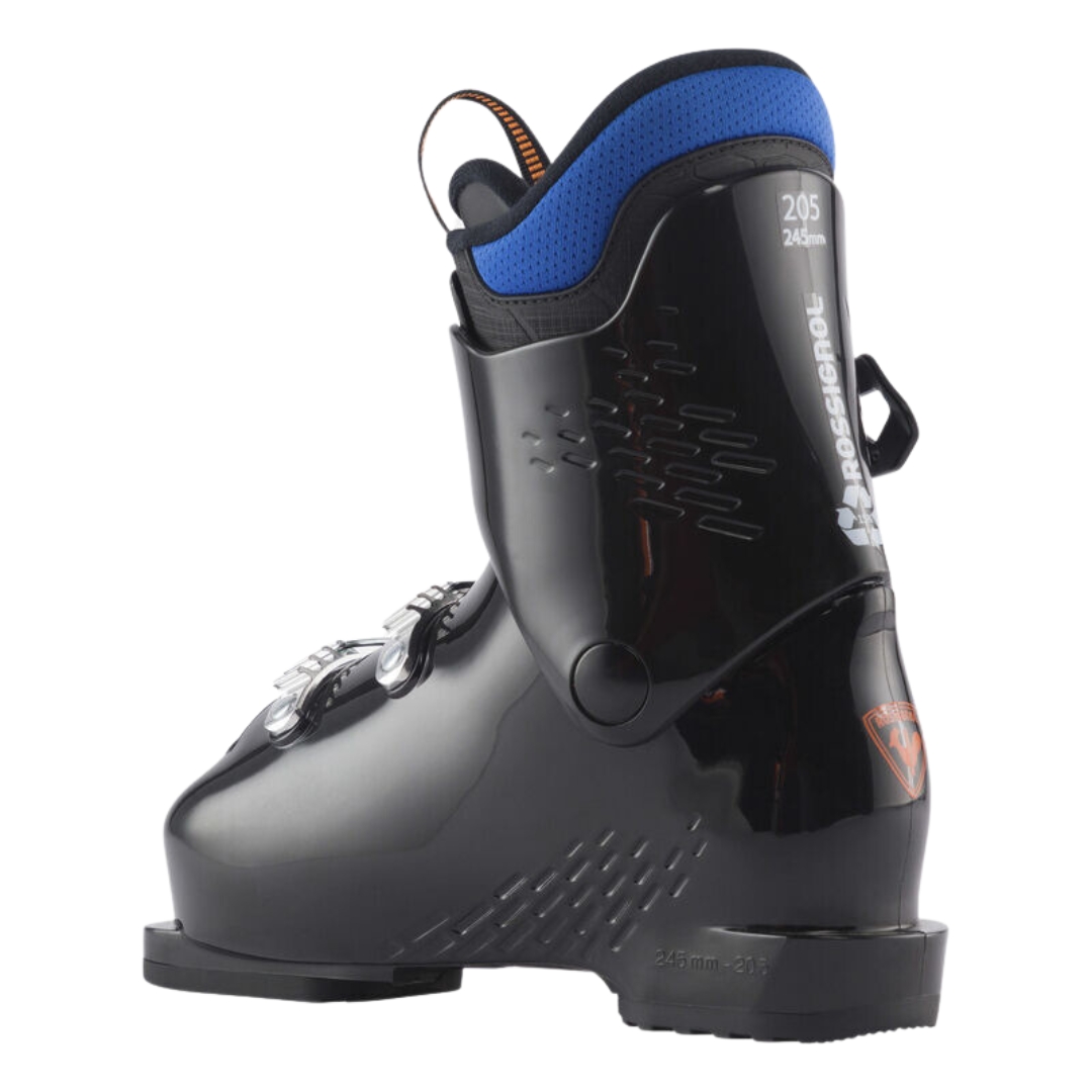 BOTTE DE SKI ALPIN ROSSIGNOL COMP J3 POUR JUNIOR couleur black vue de la botte noire et bleue de arrière gauche
