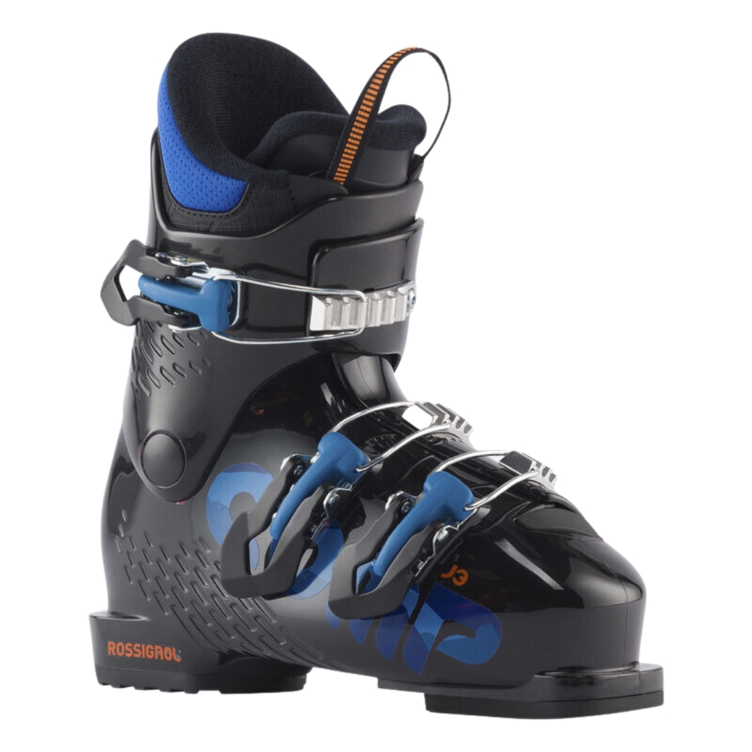 BOTTE DE SKI ALPIN ROSSIGNOL COMP J3 POUR JUNIOR couleur black vue de la botte noire et bleue de profil avant droit