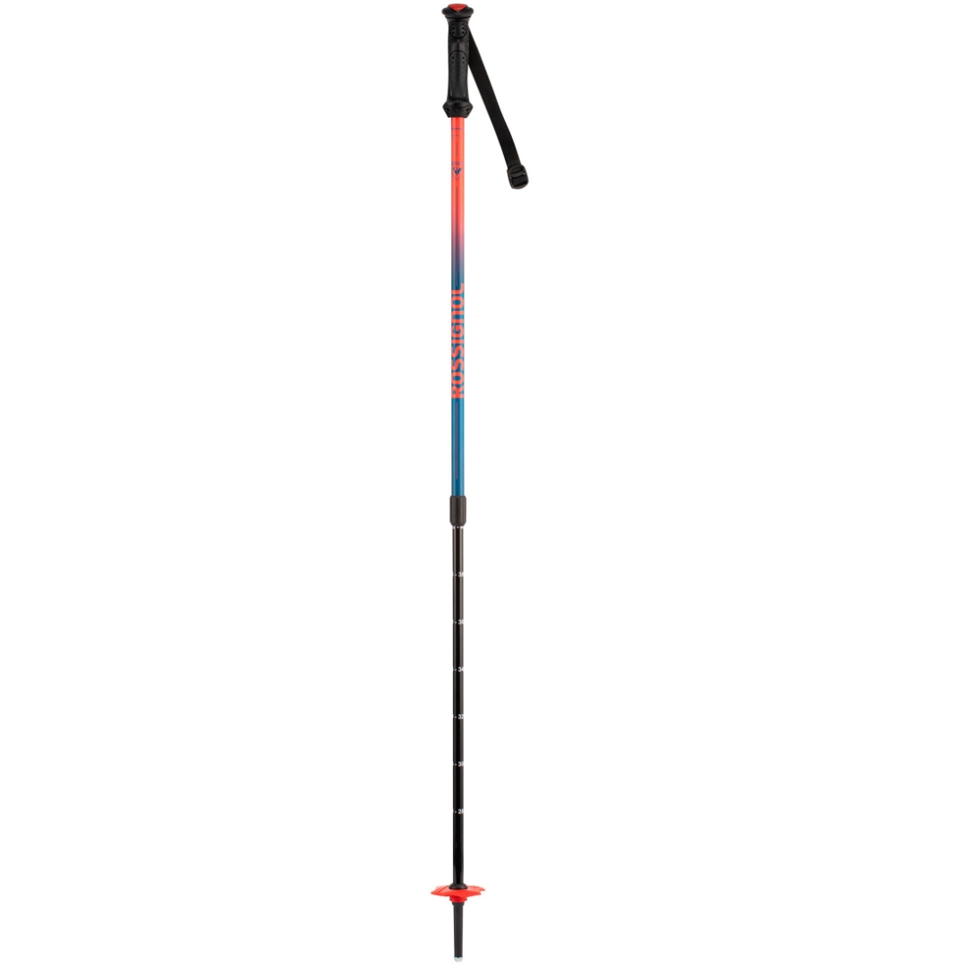 BÂTON DE SKI ALPIN TÉLESCOPIQUE ROSSIGNOL TELESCOPIC JR POUR ENFANT vu du bâton rouge et bleu