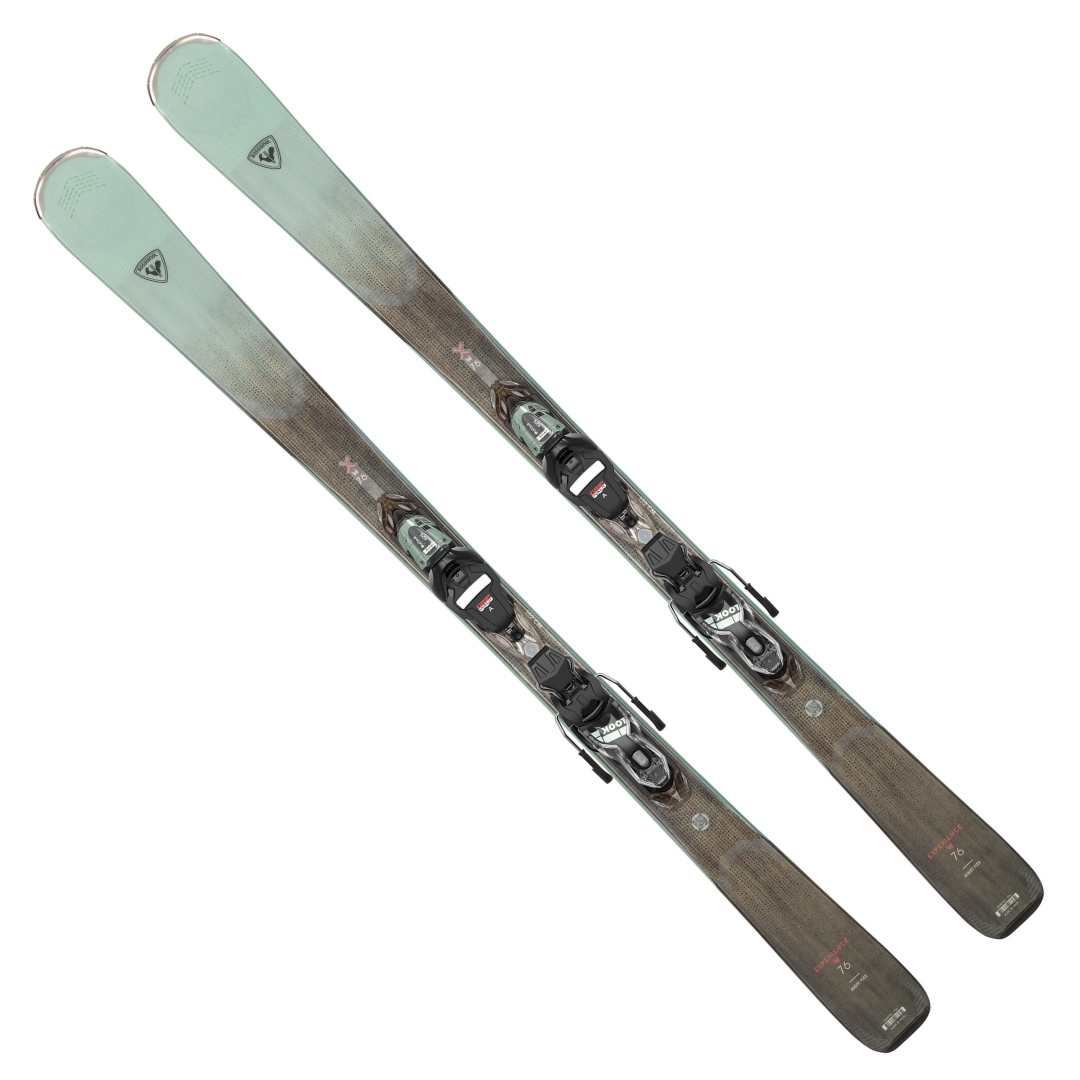 ENSEMBLE DE SKI ALPIN ET FIXATION ROSSIGNOL EXPERIENCE 76 XP10 POUR FEMME vu du ski vert menthe et brun du dessus avec les fixations