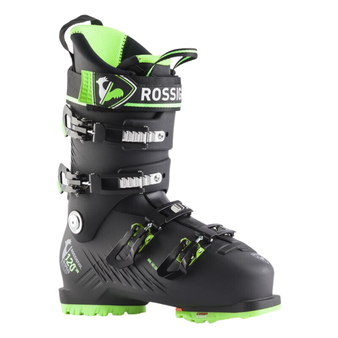 BOTTE DE SKI ALPIN ROSSIGNOL HI-SPEED 120 HV GW POUR HOMME couleur black/green vu de la botte noire avec détails verts fluos de profil avant droit