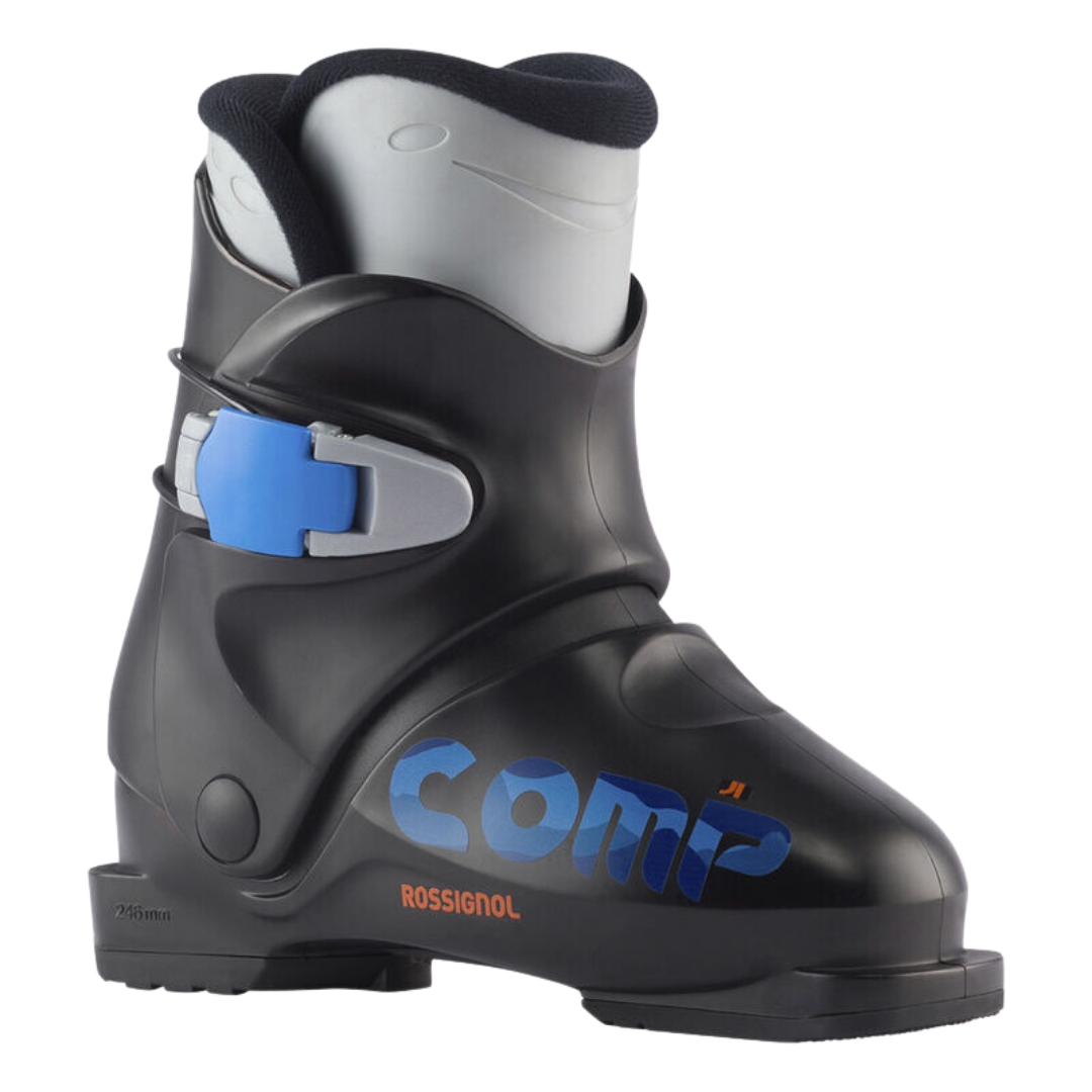 BOTTE DE SKI ALPIN ROSSIGNOL COMP J1 POUR ENFANT couleur noir vue de la botte de profil avant droit