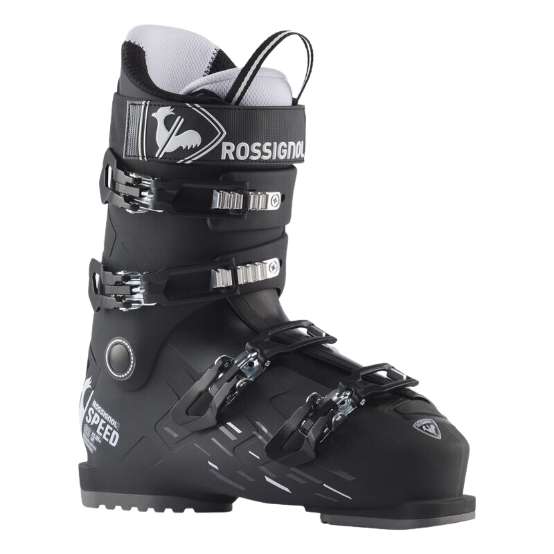 BOTTE DE SKI ALPIN ROSSIGNOL SPEED 80 HV+ POUR HOMME COULEUR BLACK VU DE LA BOTTE NOIRE ET GRISE DE PROFIL AVANT DROIT