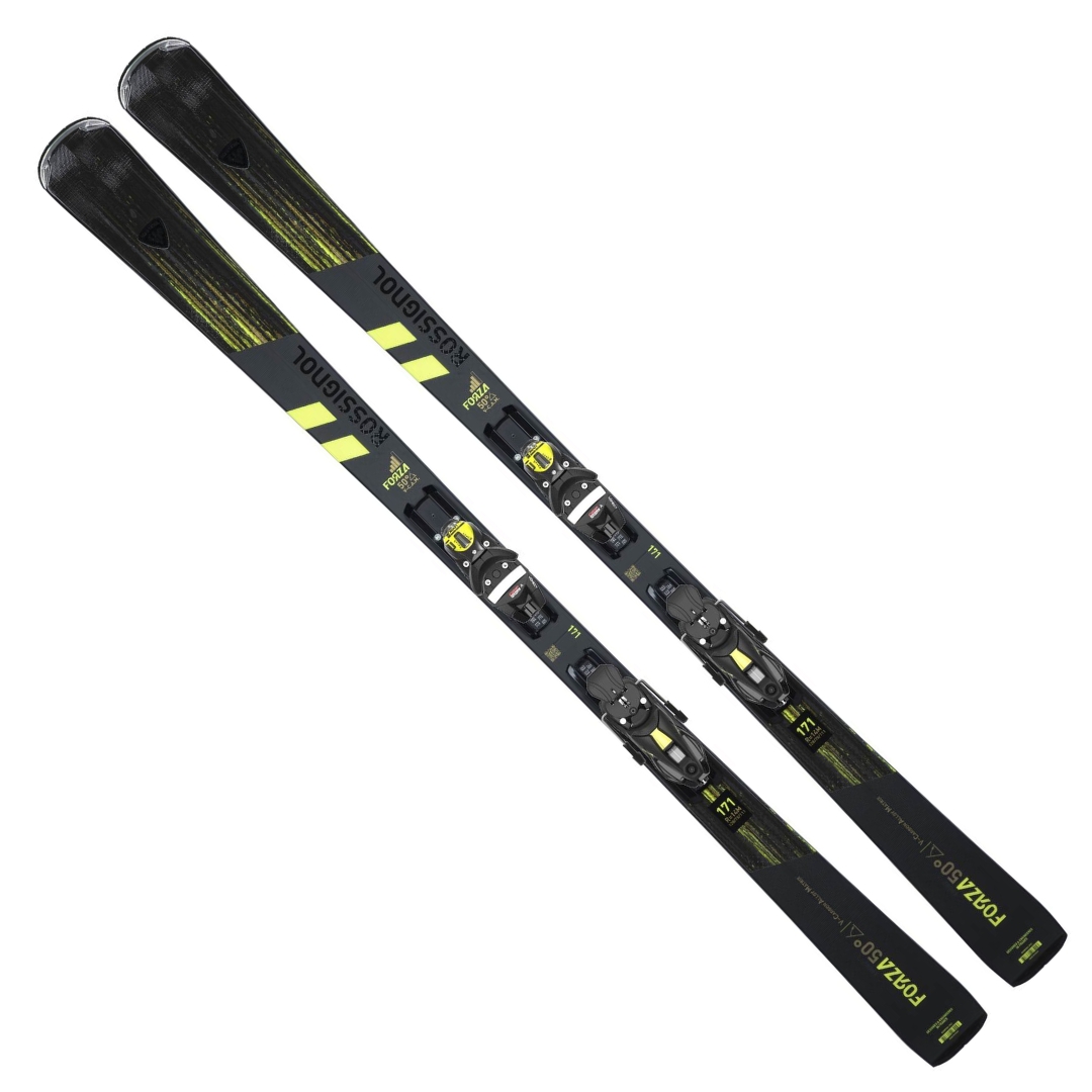 ENSEMBLE DE SKI ALPIN ET FIXATION ROSSIGNOL FORZA 50° V-CAM K NX12 POUR HOMME vu du ski noir et jaune vu des skis du dessus avec les fixations