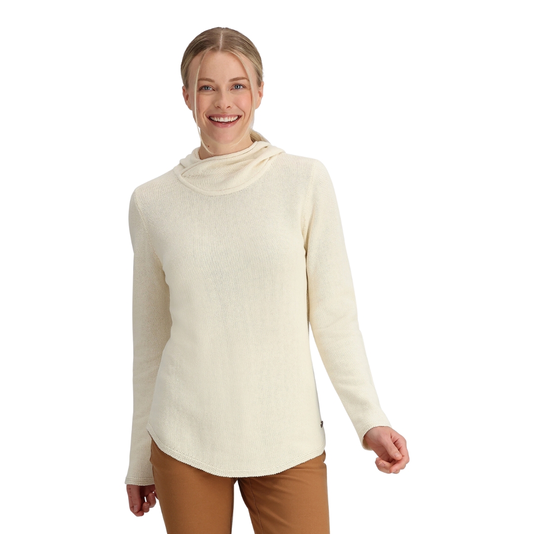 CHANDAIL À CAPUCHON ROYAL ROBBINS HEADLANDS HEMP HOODIE POUR FEMME couleur 104-UNDYED vu du chandail blanc crème porté par une femme vue de la tête aux cuisses de face